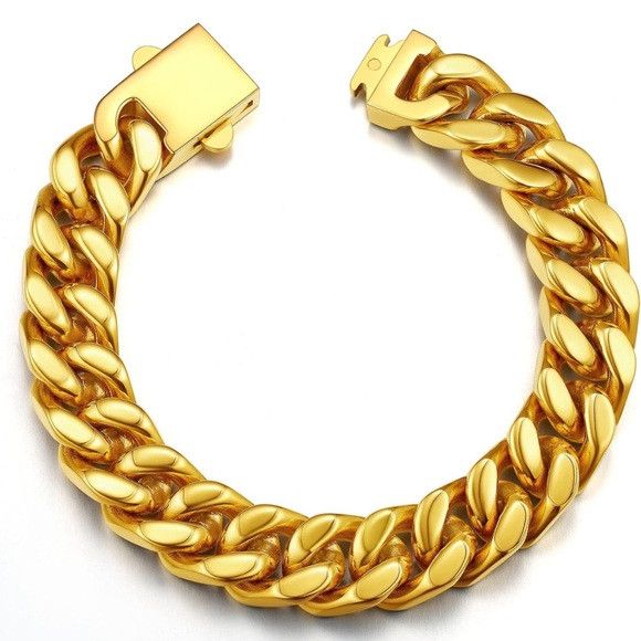 Other Men Gold 13mm Wide Stainless Steel Miami Curb Chain Bracelet Size ONE SIZE - 1 Thumbnail