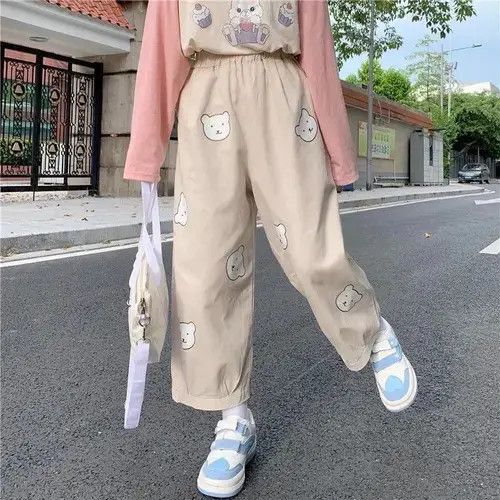 Japanese Brand Kawaii Soft Girl Bear Printing Women Pants Basis Size 32" / US 10 / IT 46 - 7 Thumbnail