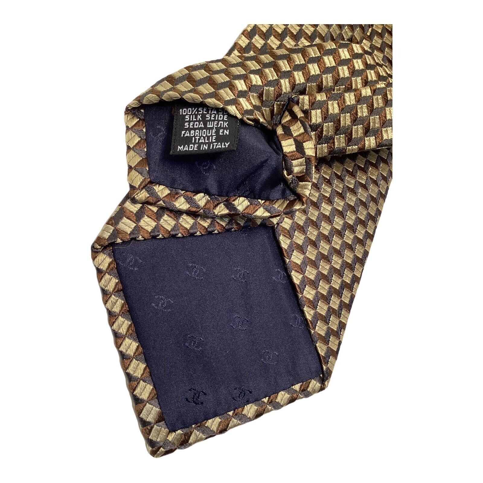 Chanel CHANEL Paris Gold Brown Geometric Luxury Designer Silk Tie I Size ONE SIZE - 4 Thumbnail