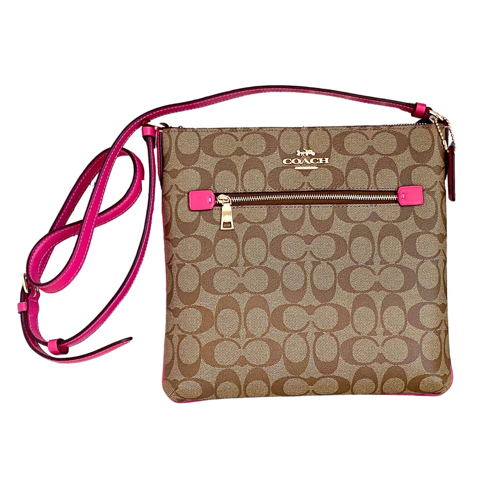 image of Coach Rowan File Bag In Signature Canvas Khaki Pink C1554, Women's