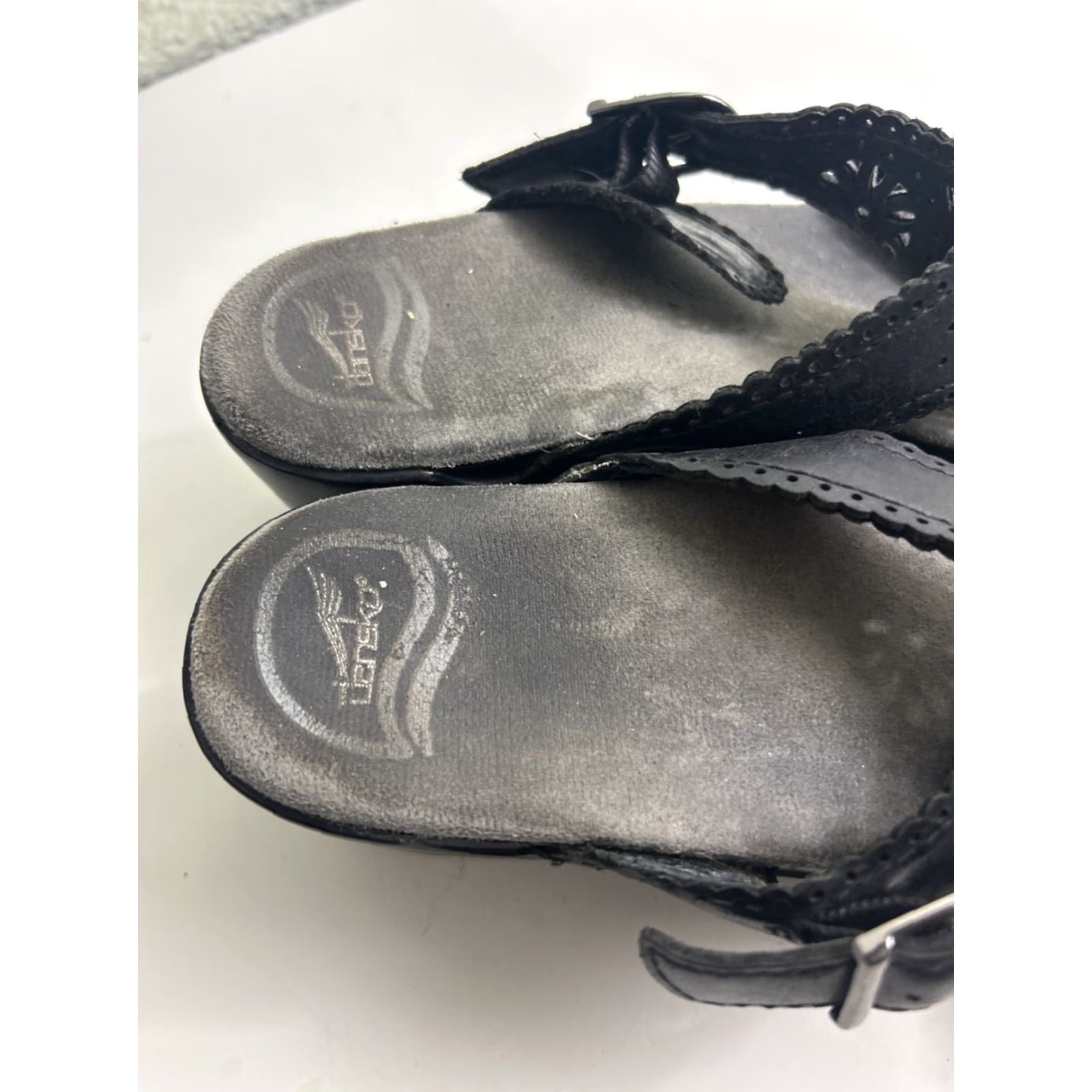 Dansko Dansko Sapphire Sandal Womens Black Leather Cutout Eyelet Slide Wedge 39 US 8.5 Adjustable Buckle Leather Lining Floral Pattern Size US 9 / IT 39 - 4 Thumbnail
