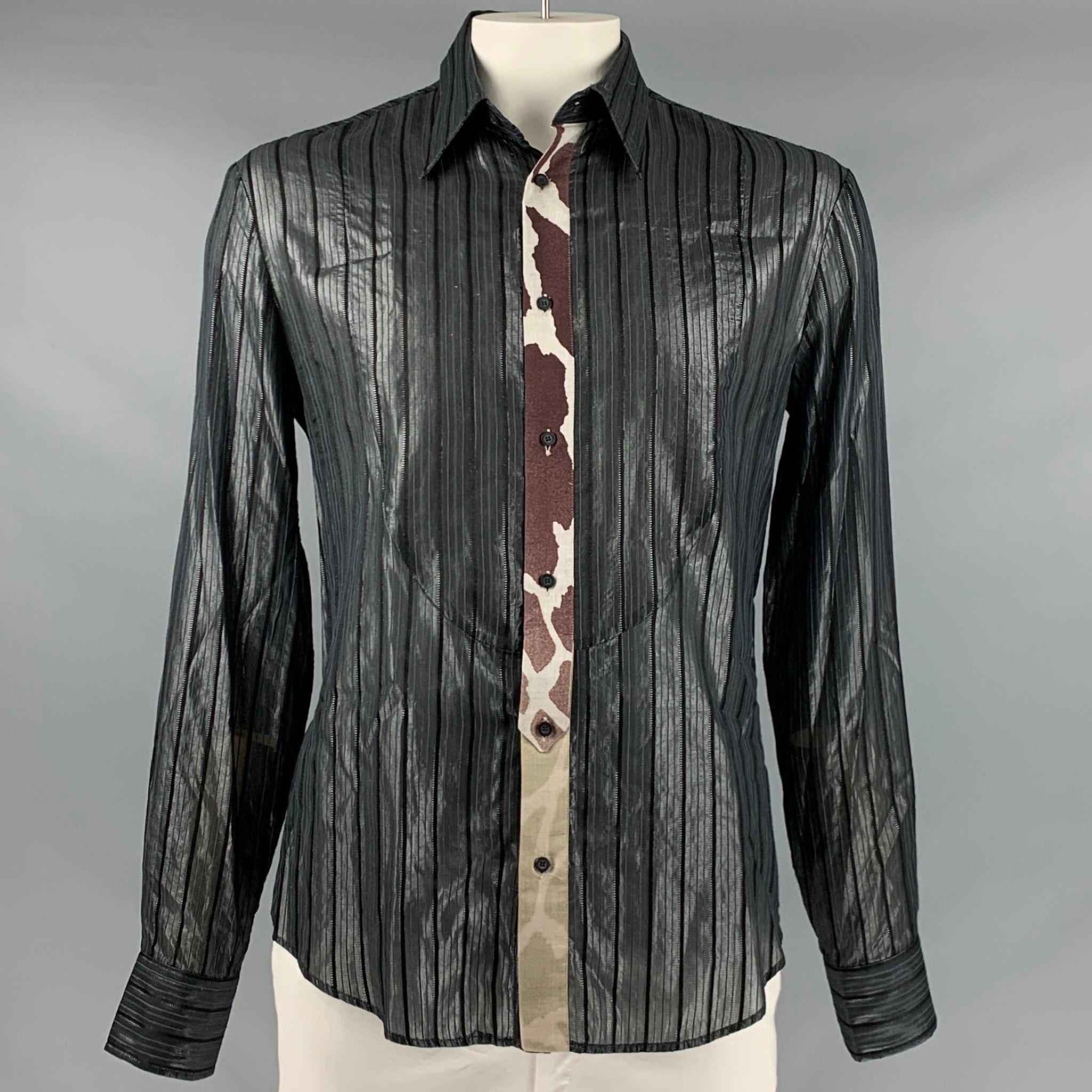 image of Just Cavalli Black Stripe Viscose Blend Button Up Long Sleeve Shirt, Men's (Size Large)
