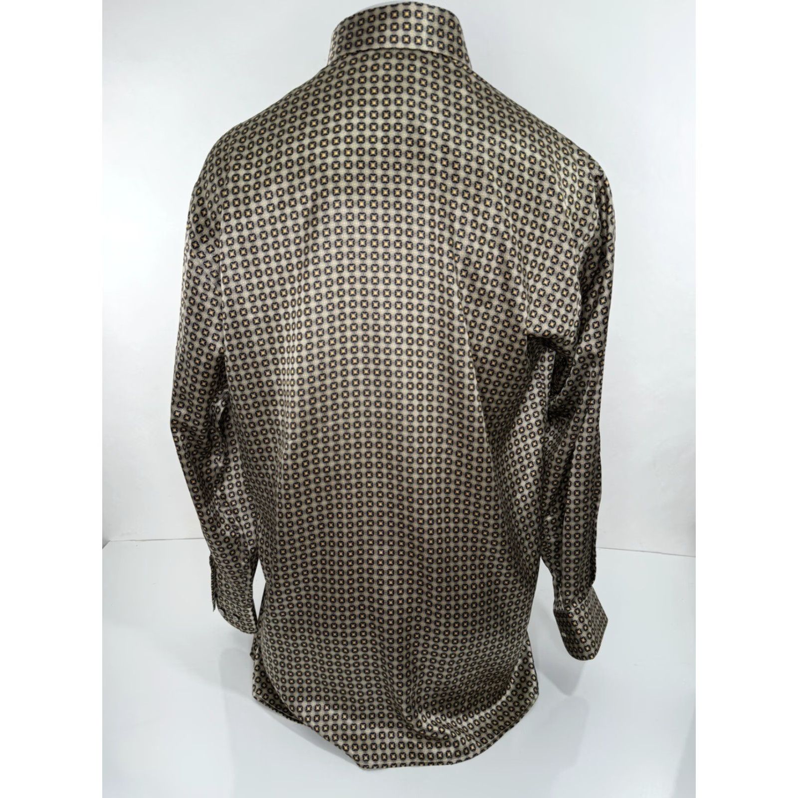 Vintage Bernini / Beverly Hills Silk Geometric Mens L Shirt - Gold / Orange / Blue Silk Button-Up Long Sleeve EXCELLENT Size US L / EU 52-54 / 3 - 4 Thumbnail