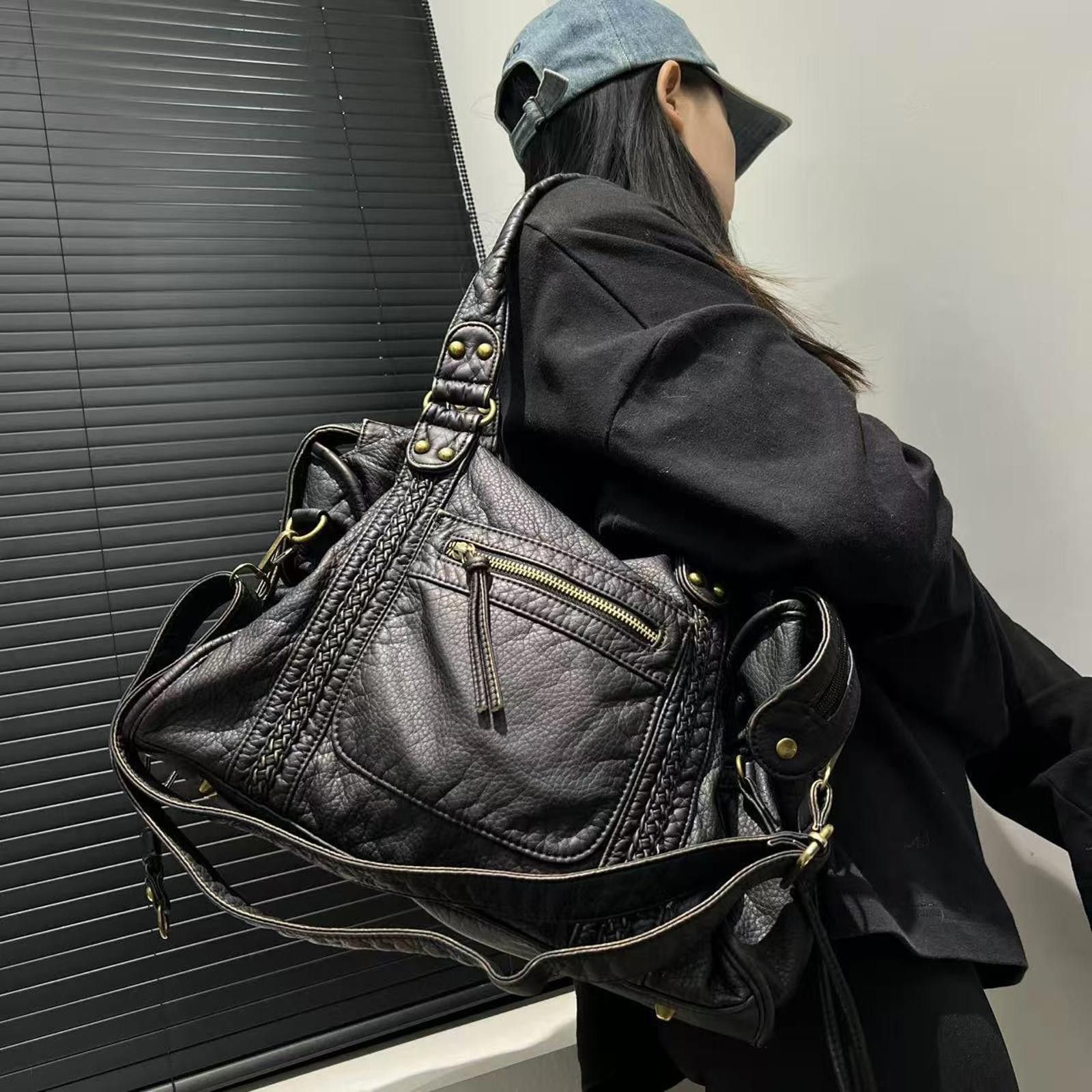 Leather Black Braided Leather Shoulder Bag, Large Handbag Size ONE SIZE - 3 Thumbnail