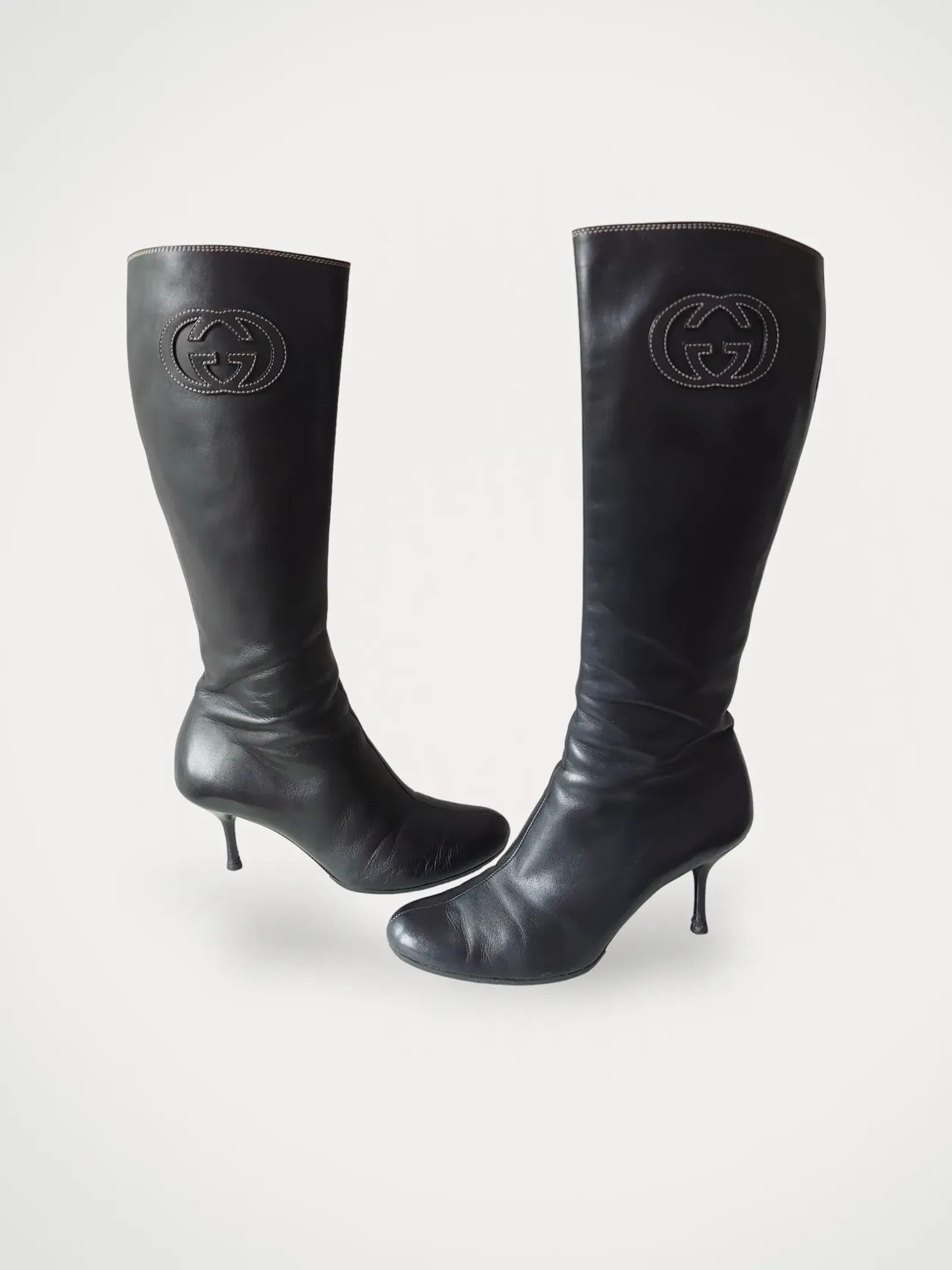 Gucci Gucci Geraldine 55 Black GG Gold Logo Heel Knee High Boot 35 Grailed