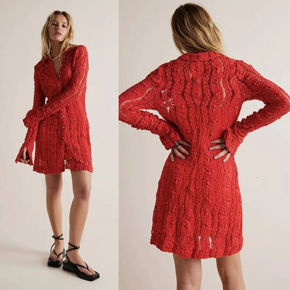 Free People NWT New $158 Free People Red Shayla Lace Long Sleeve Cotton Size XS / US 0-2 / IT 36-38 - 1 Thumbnail