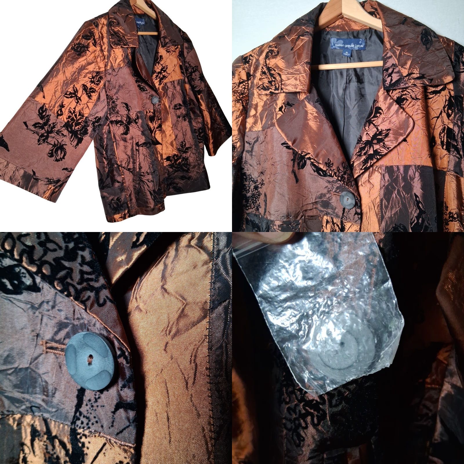 Vintage VINTAGE Susan Graver Style Jacket XL Floral Flocked Taffeta Patchwork Artsy Boho Copper Size XL / US 12-14 / IT 48-50 - 8 Thumbnail