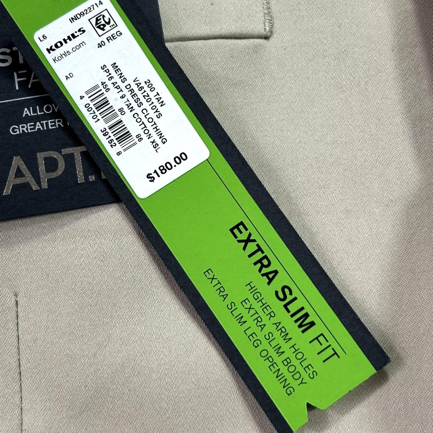 Apt. 9 Apt 9 Suit Jacket Mens 40 Beige Cotton Polyester Spandex Extra-Slim Fit Regular Notch Lapel Four-Button 2 Piece Formal Business Wedding Capable Spring Size 40R - 5 Thumbnail