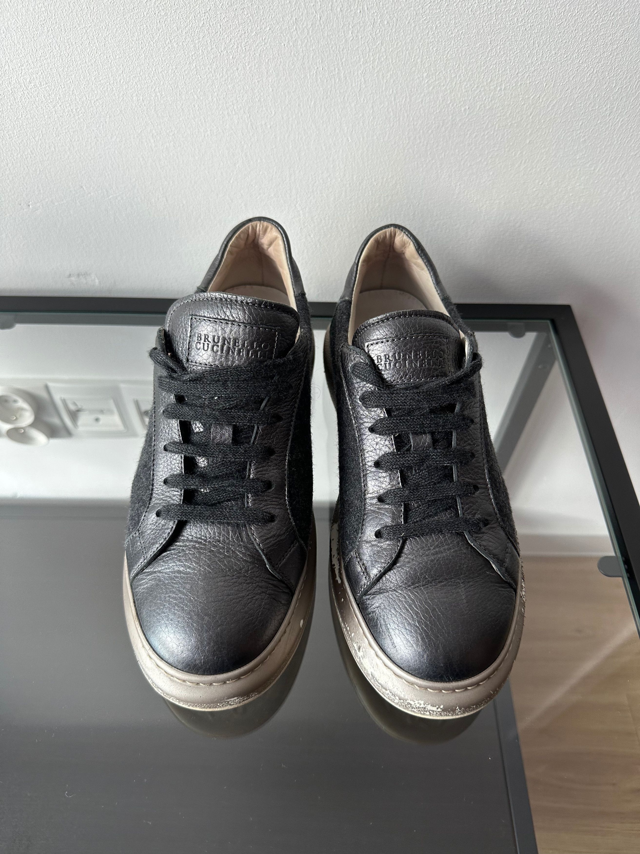Brunello Cucinelli Brunello Cucinelli Dark Grey Wool Leather Platform Sneakers Size US 8.5 / IT 38.5 - 6 Thumbnail