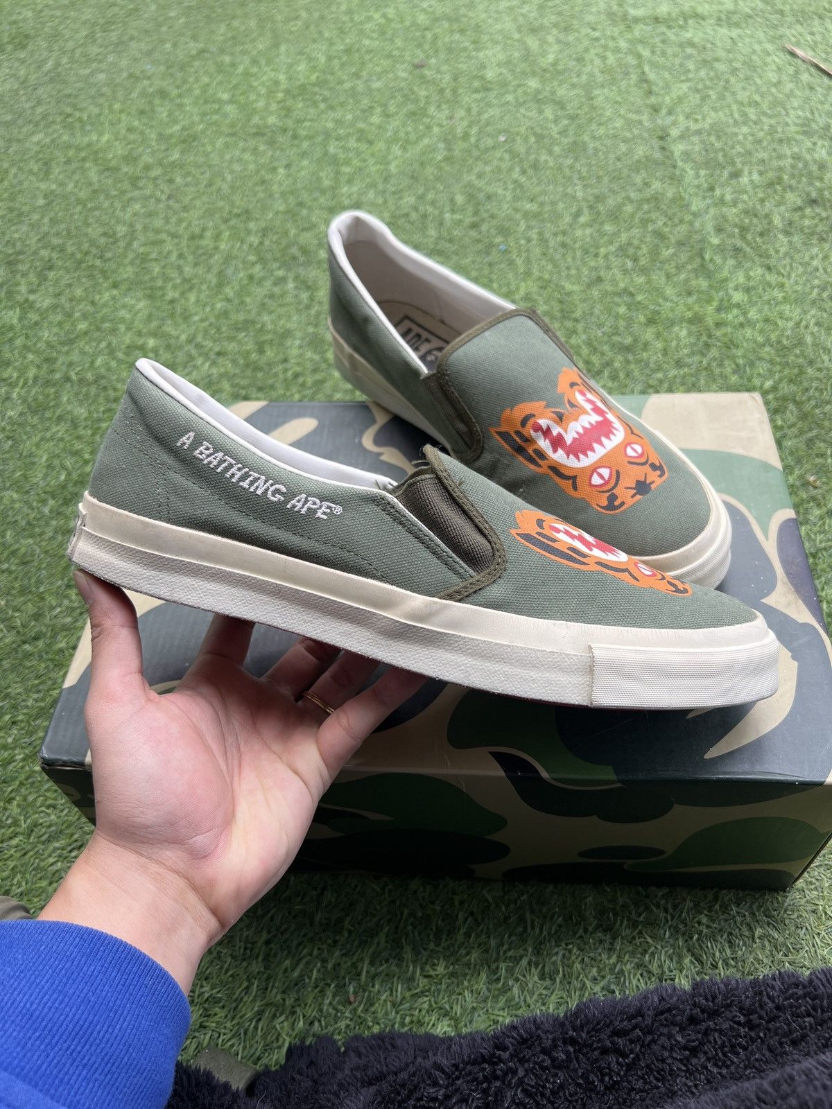 Rare 💥Bape Slip On Tiger Green Olive Made in Japan