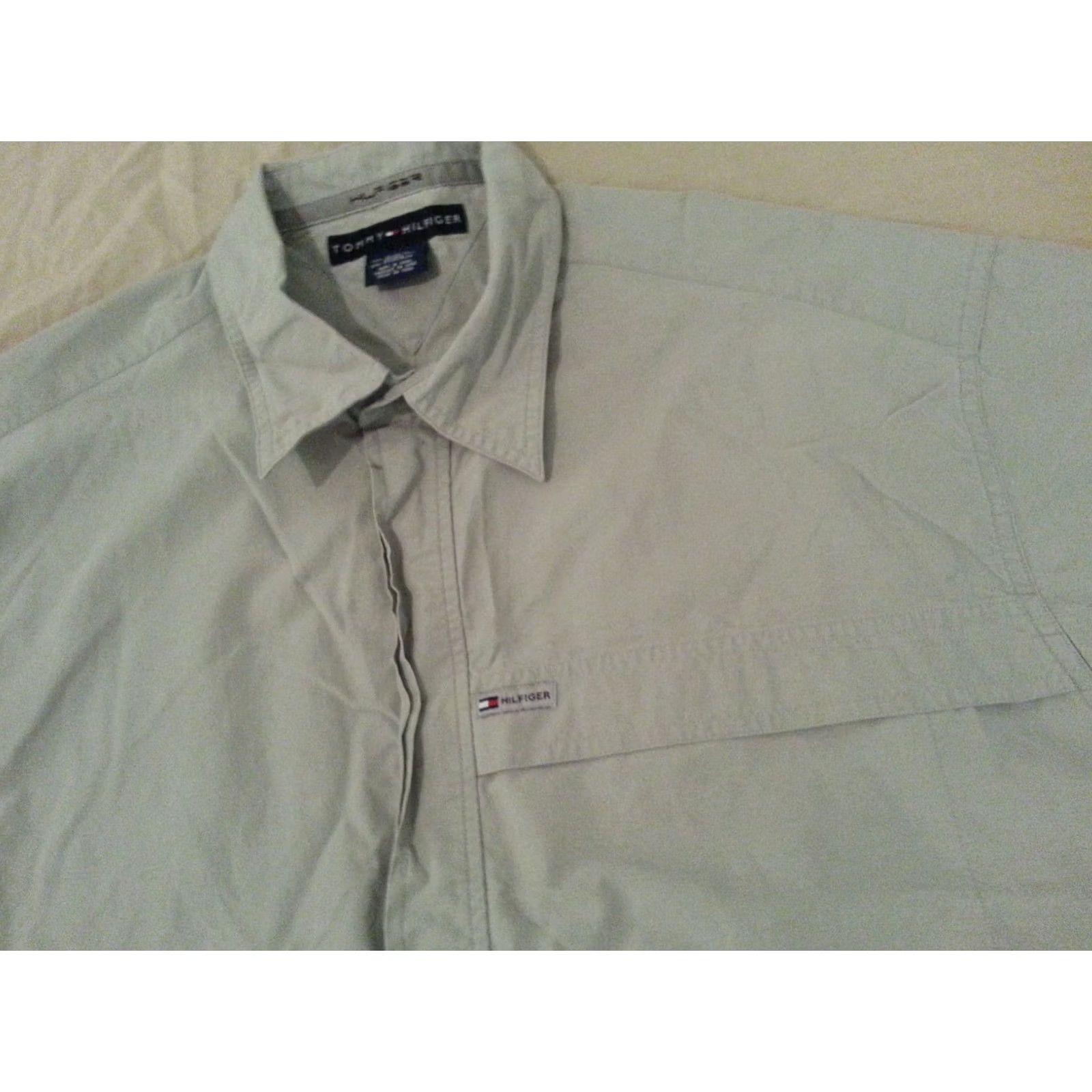 Tommy Hilfiger Mens Tommy Hilfiger Shirt XL Short Sleeve Button-Front Cotton Beige Dress Shirt Size 46R - 4 Thumbnail