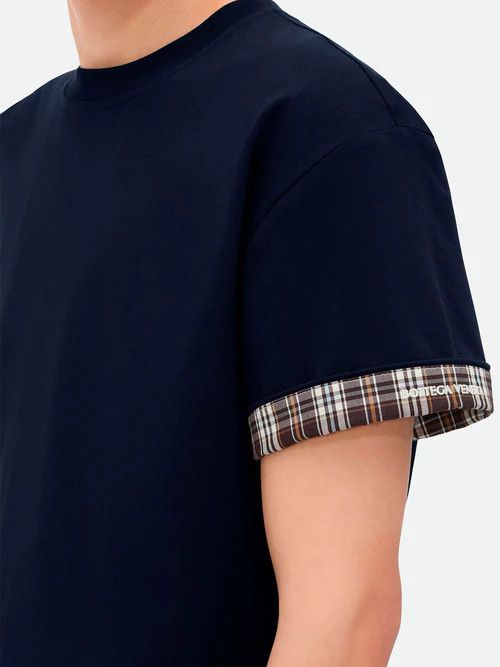 Bottega Veneta o1orln1125 Double Layer Checked Cotton T-Shirt in Blue Size US XL / EU 56 / 4 - 5 Thumbnail