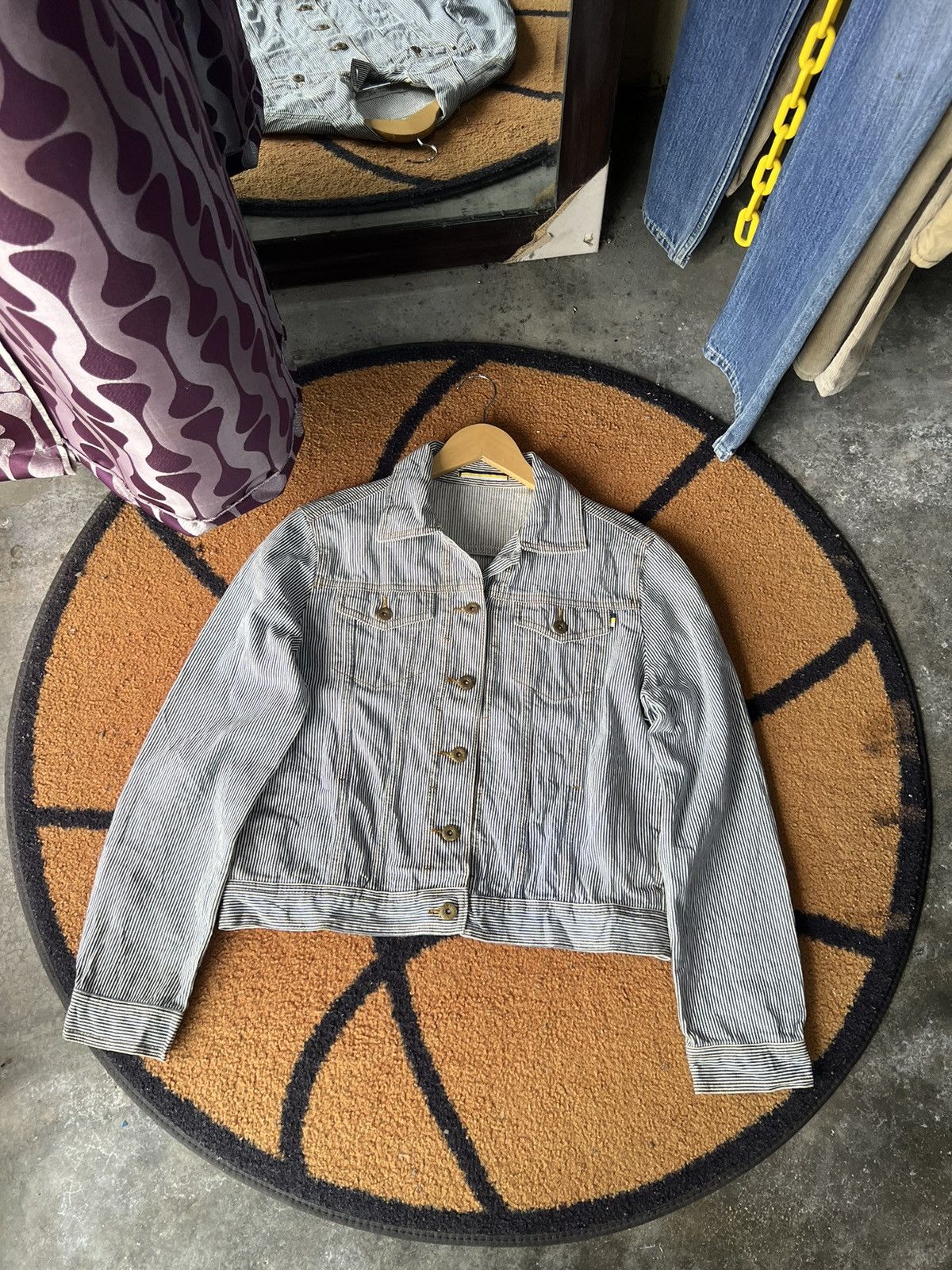 image of Gu Hickory Stripe Denim Jacket in Blue, Women's (Size Medium)