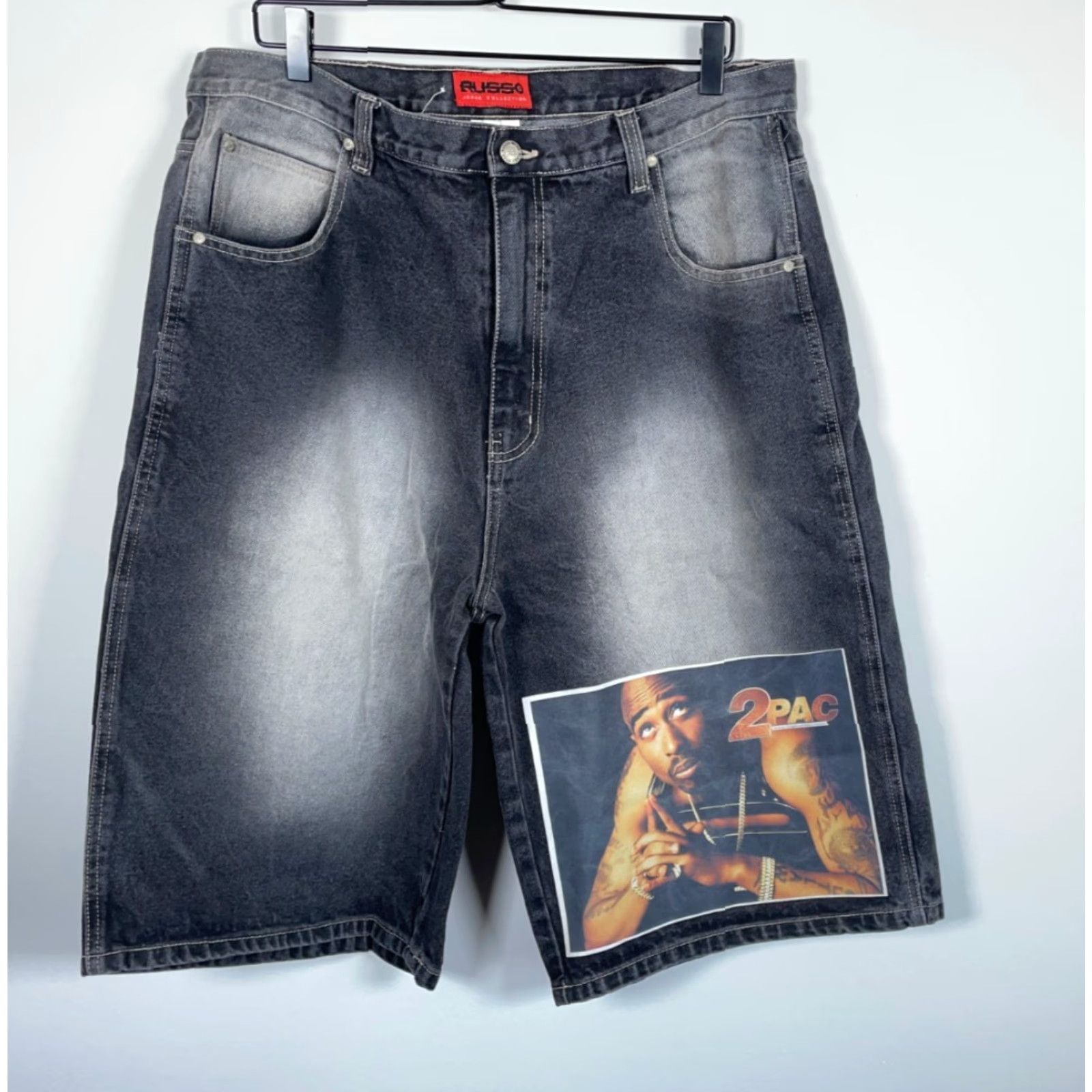 Denime VINTAGE Russo 2Pac Jeans Shorts Denim Hip Hop Retro 90s 5-Pocket 100% Cotton Black Adult Mens 36-38 Slim Baggy Fit 13 Inseam Size US 36 / EU 52 - 2 Thumbnail