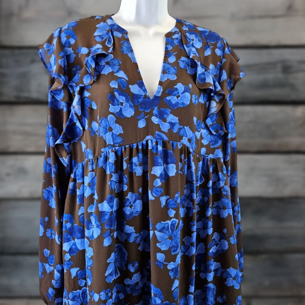 Vintage A New Day Womens Midi Dress Sz Medium Blue Brown Floral Long Sleeve Ruffle Size M / US 6-8 / IT 42-44 - 1 Thumbnail