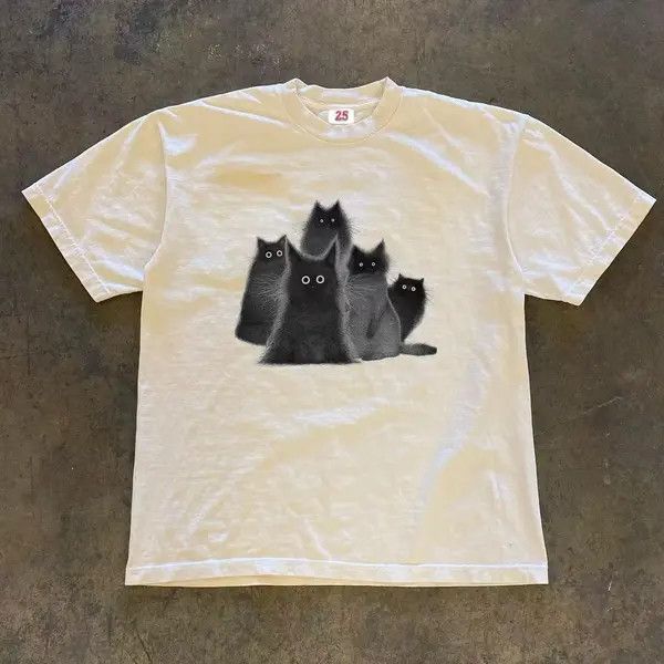 VIBE White washed casual vintage t-shirt with cat pattern Size US M / EU 48-50 / 2 - 1 Thumbnail