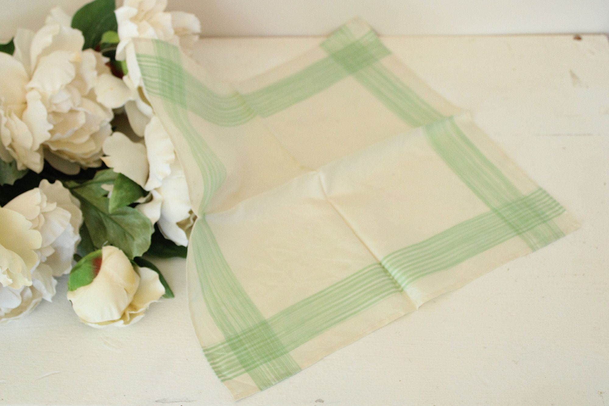 Vintage Vintage 1950s Handkerchief, Cream with Green Striped Border Size ONE SIZE - 1 Thumbnail