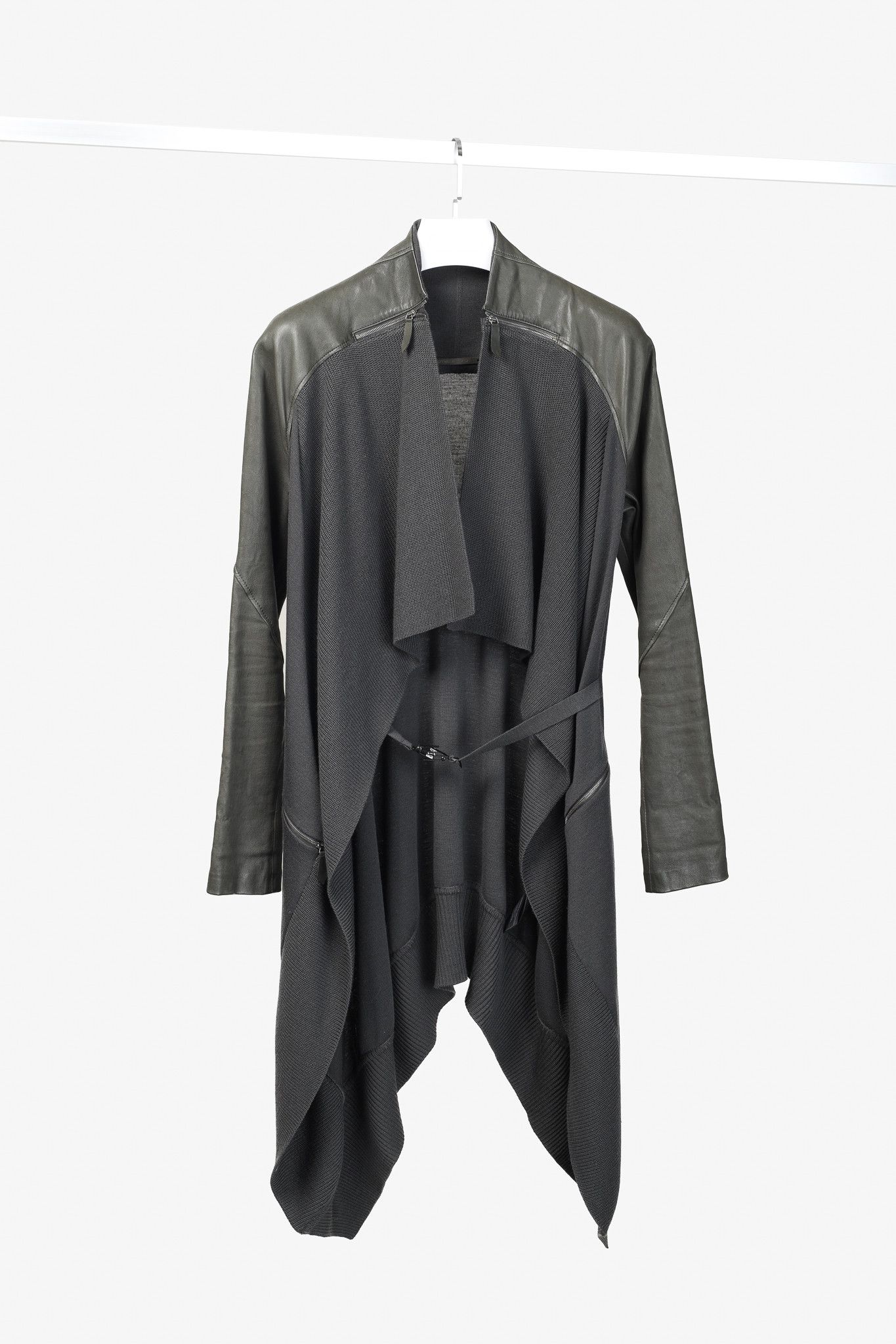 Annette Gortz Annette Gortz AW/14 Kubus Grey Leather-Trim Belted Cardigan Size S / US 4 / IT 40 - 1 Thumbnail
