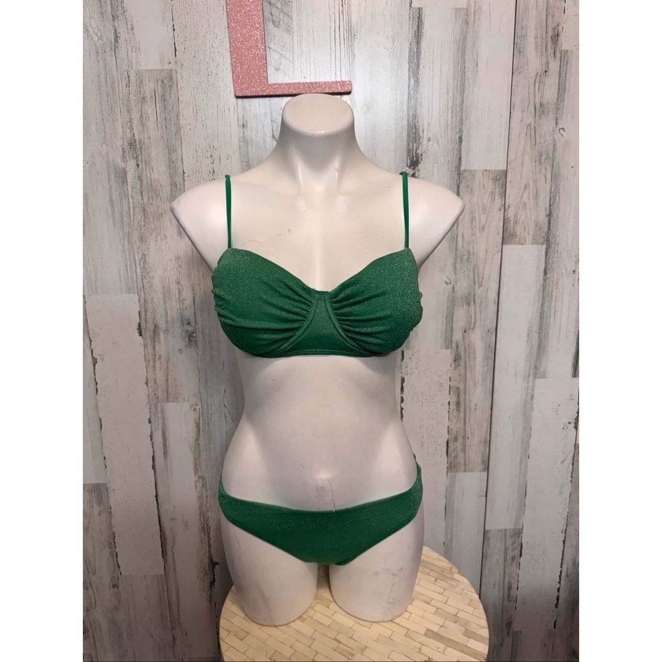 Other Green Sparkle 3-Piece Bikini Set Women’s Size L | Ruched Top + Bottoms + Sarong Cover Up Swimwear Size ONE SIZE - 6 Thumbnail