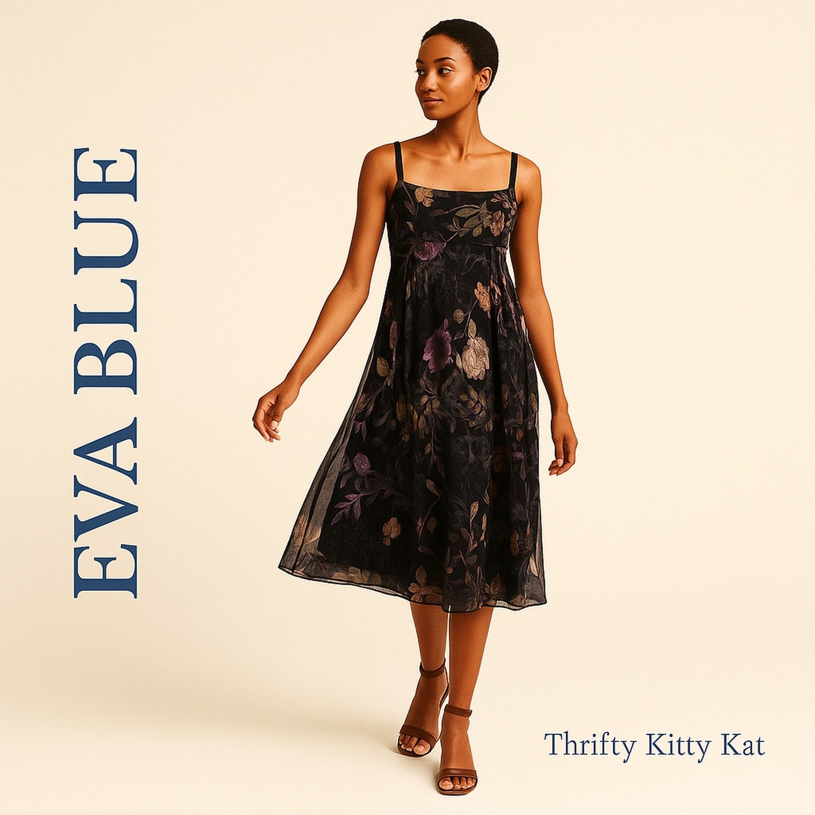 Other Eva Blue Petite Beaded Floral Midi Dress VTG Boho Whimsy 10P Size L / US 10 / IT 46 - 1 Thumbnail
