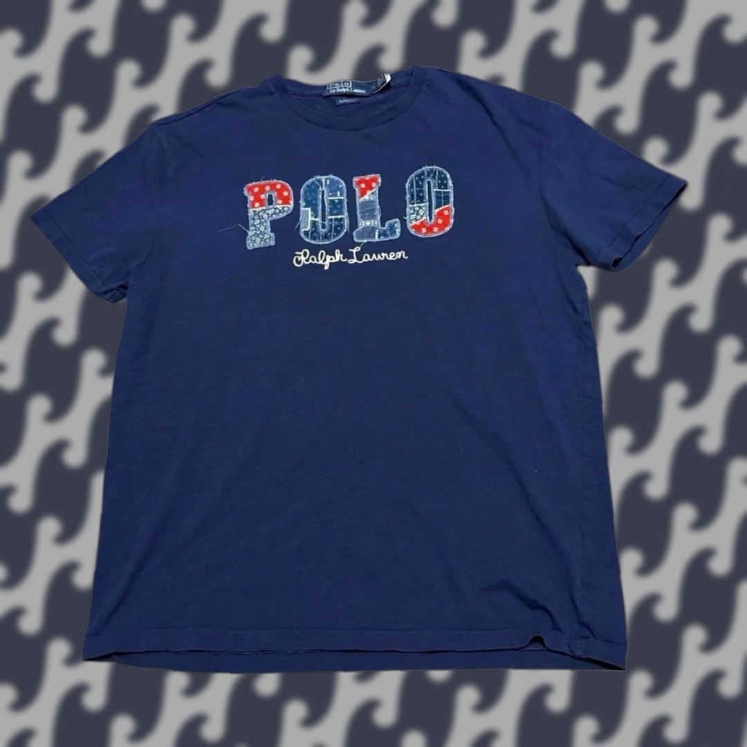 Polo Ralph Lauren Logo T-Shirt Mens Medium Blue Short Sleeve Patchwork Design Retro