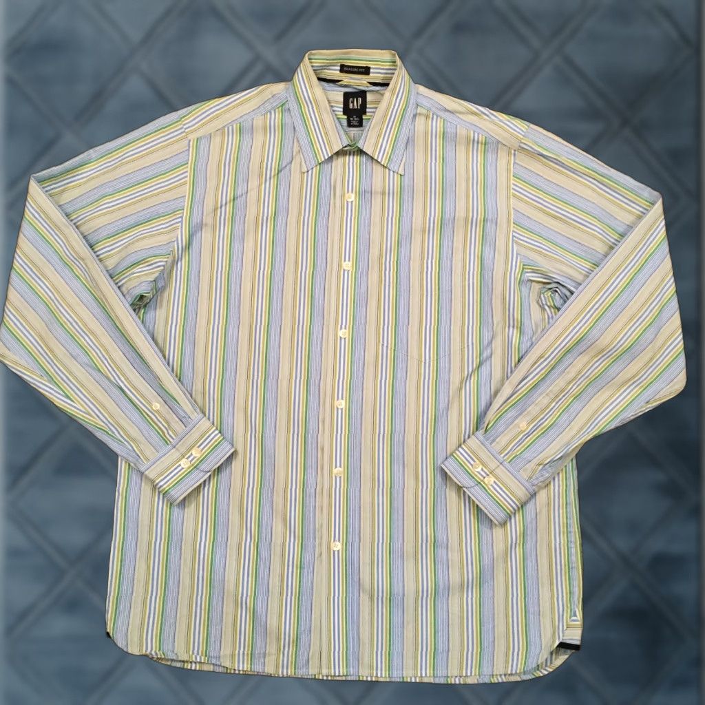 Gap Gap Button-Up Shirt Men M Blue Green Striped Long Sleeve Collared Nylon? (note: incorrect) Size US M / EU 48-50 / 2 - 1 Thumbnail
