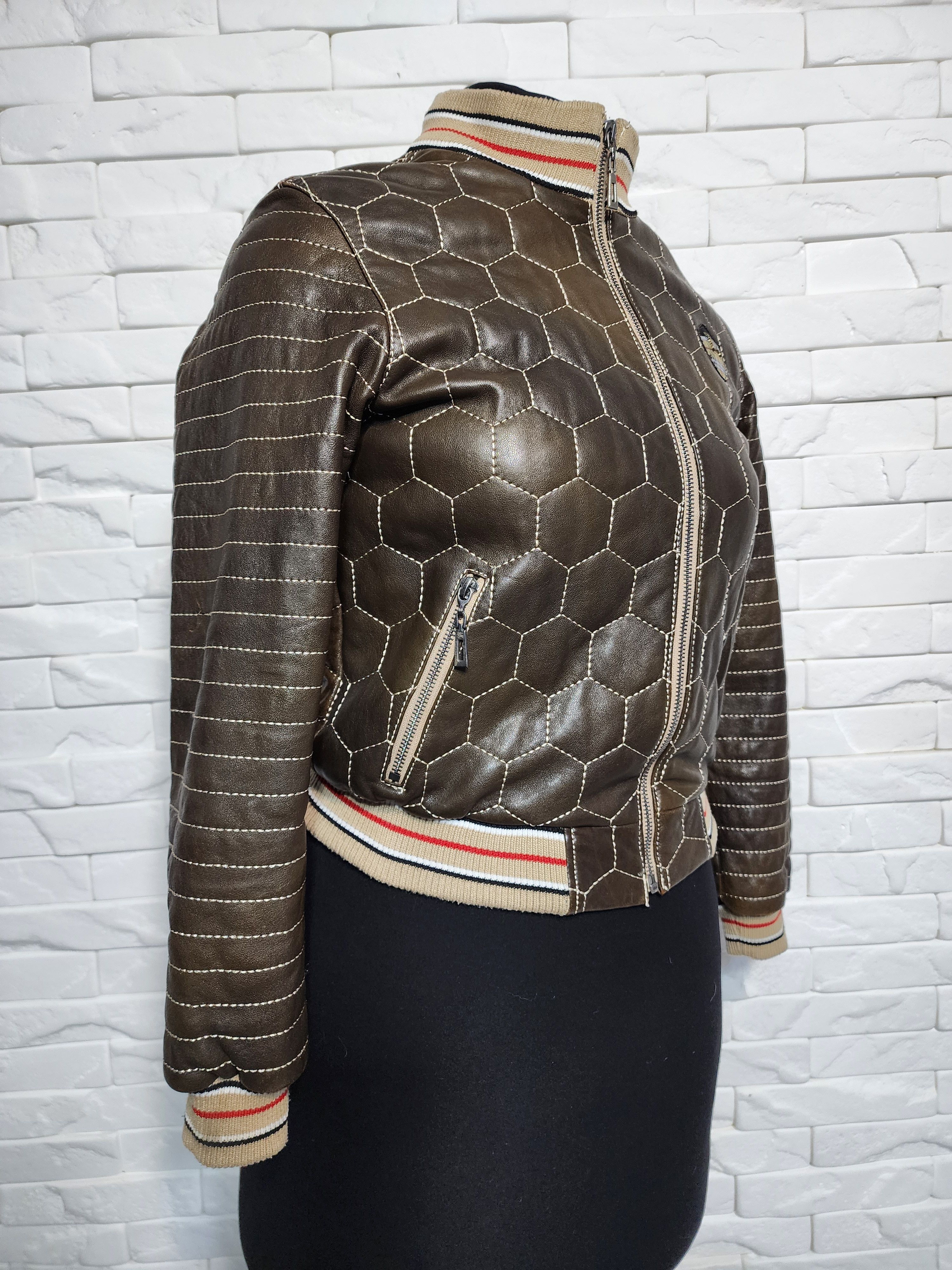 Uniqlo Brown Leather Jacket: Women's Zip-Up Bomber with Knit Trim Size XS / US 0-2 / IT 36-38 - 3 Thumbnail