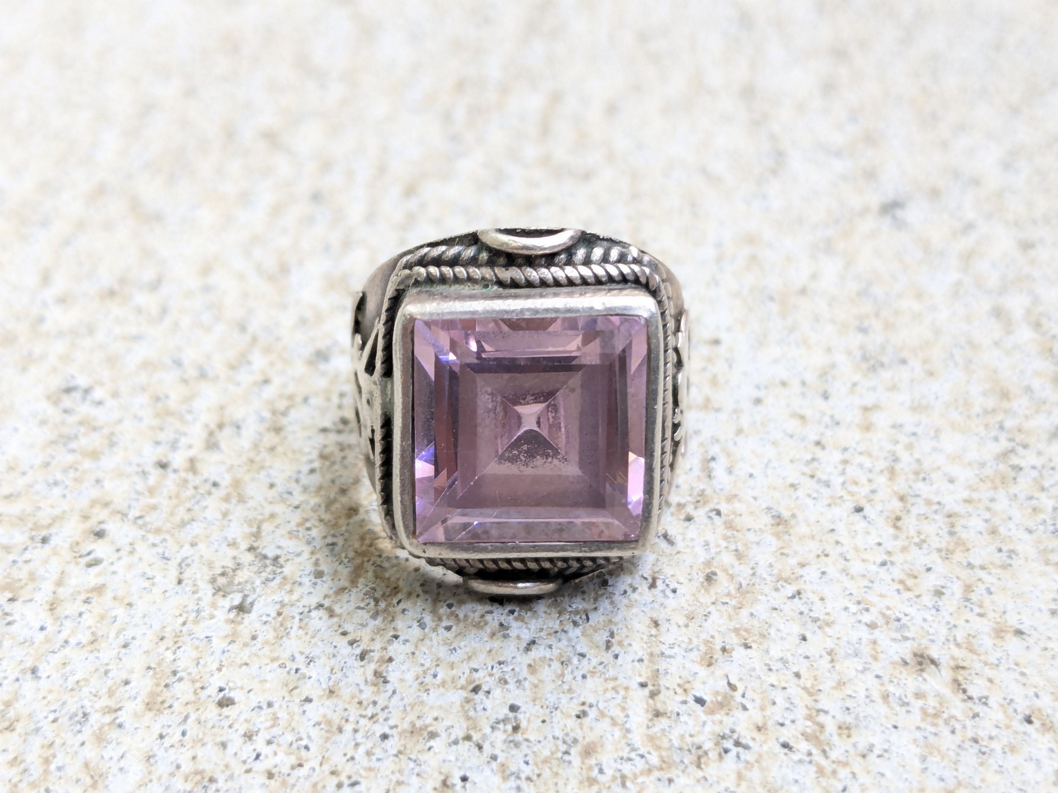 Jewelry × Vintage Vintage Sterling Silver Ring Pink Topaz 7.25 Square Ohm Om Size ONE SIZE - 3 Thumbnail