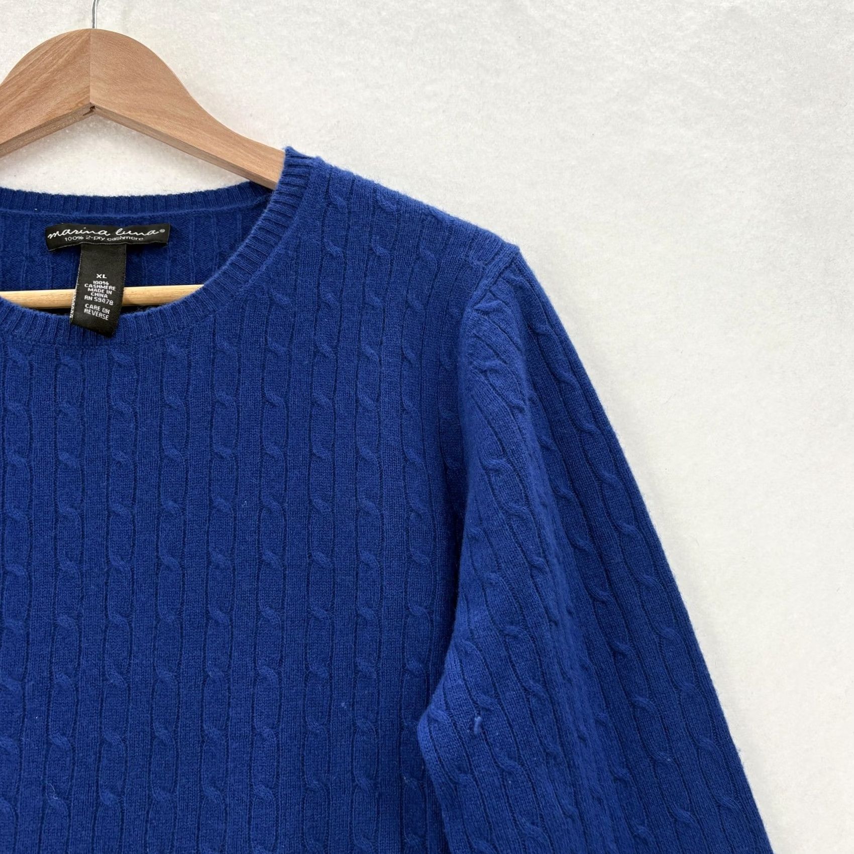 Vintage Marina Luna Sweater Womens XL Blue 100% Cashmere Crew Neck Cable Knit Pullover Size XL / US 12-14 / IT 48-50 - 2 Thumbnail