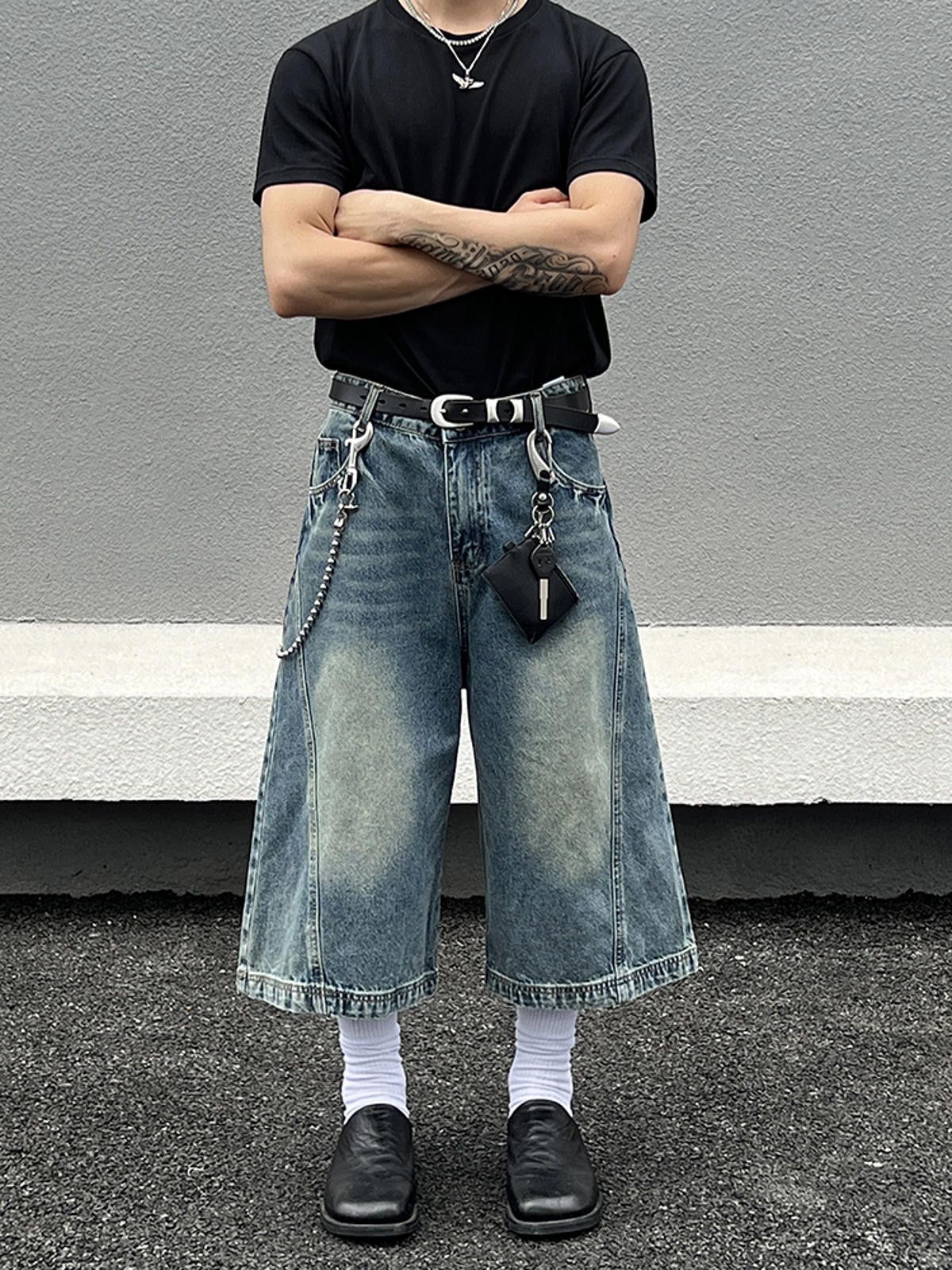 Jean Washed Baggy Wide-Leg Long Denim Shorts, Jorts Size US 32 / EU 48 - 2 Thumbnail