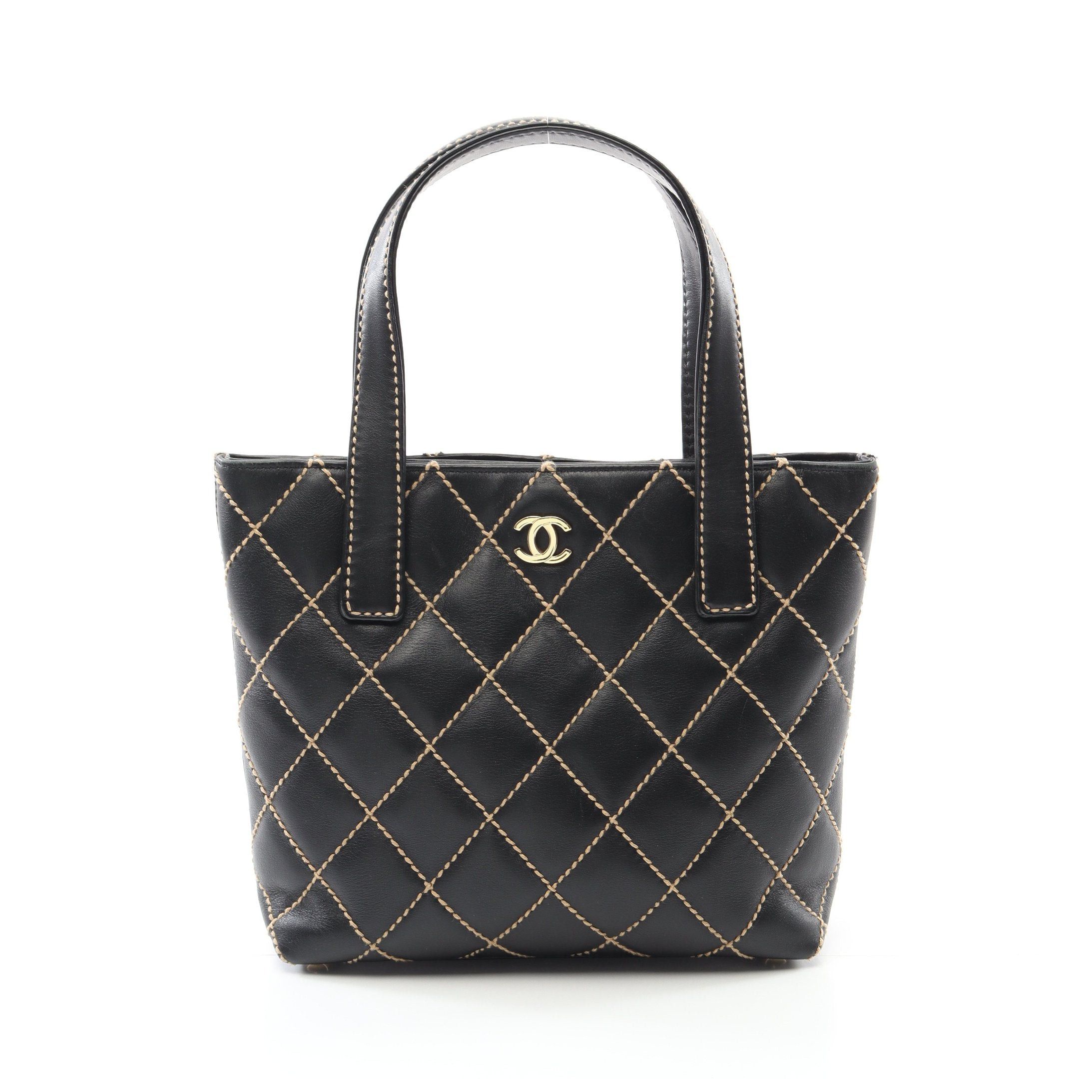 Chanel Wild Stitch Handbag Tote Bag Leather Black Gold Hardware, Women's