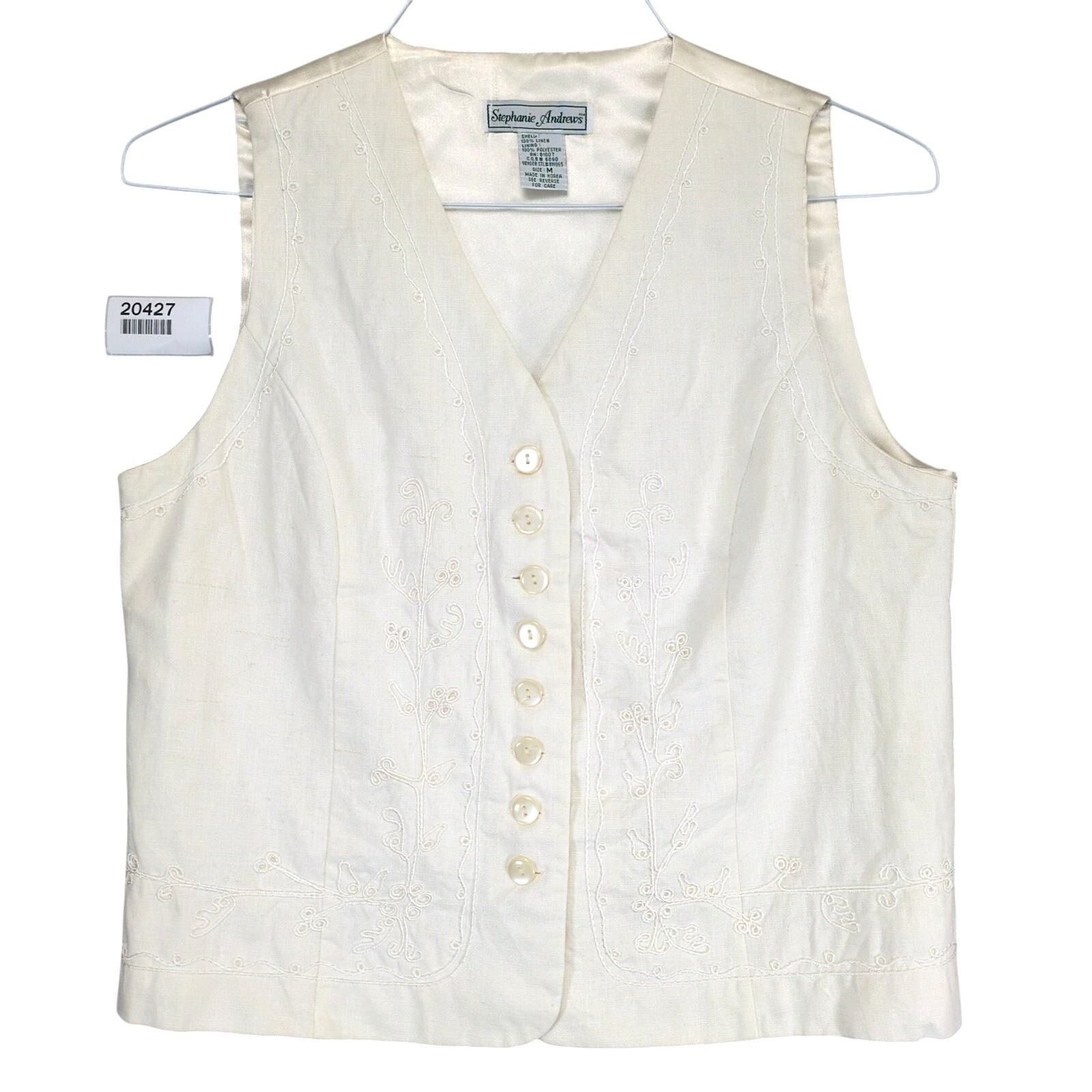 Vintage Stephanie Andrews Women's M Cream Linen Embroidered Vest Size M / US 6-8 / IT 42-44 - 1 Thumbnail