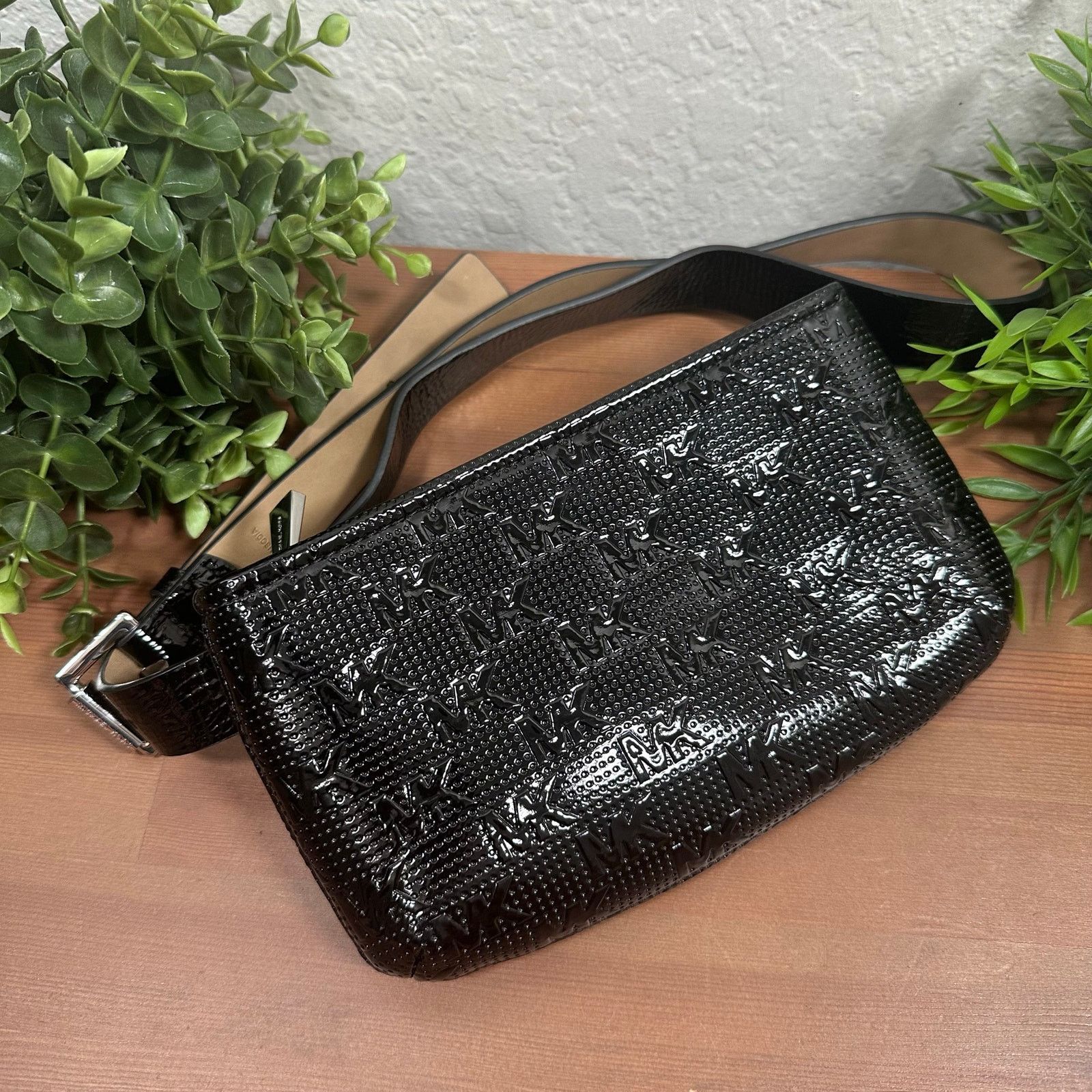 Michael Kors Michael Kors Black Patent Monogram Embossed Belted Bag Size ONE SIZE - 1 Thumbnail