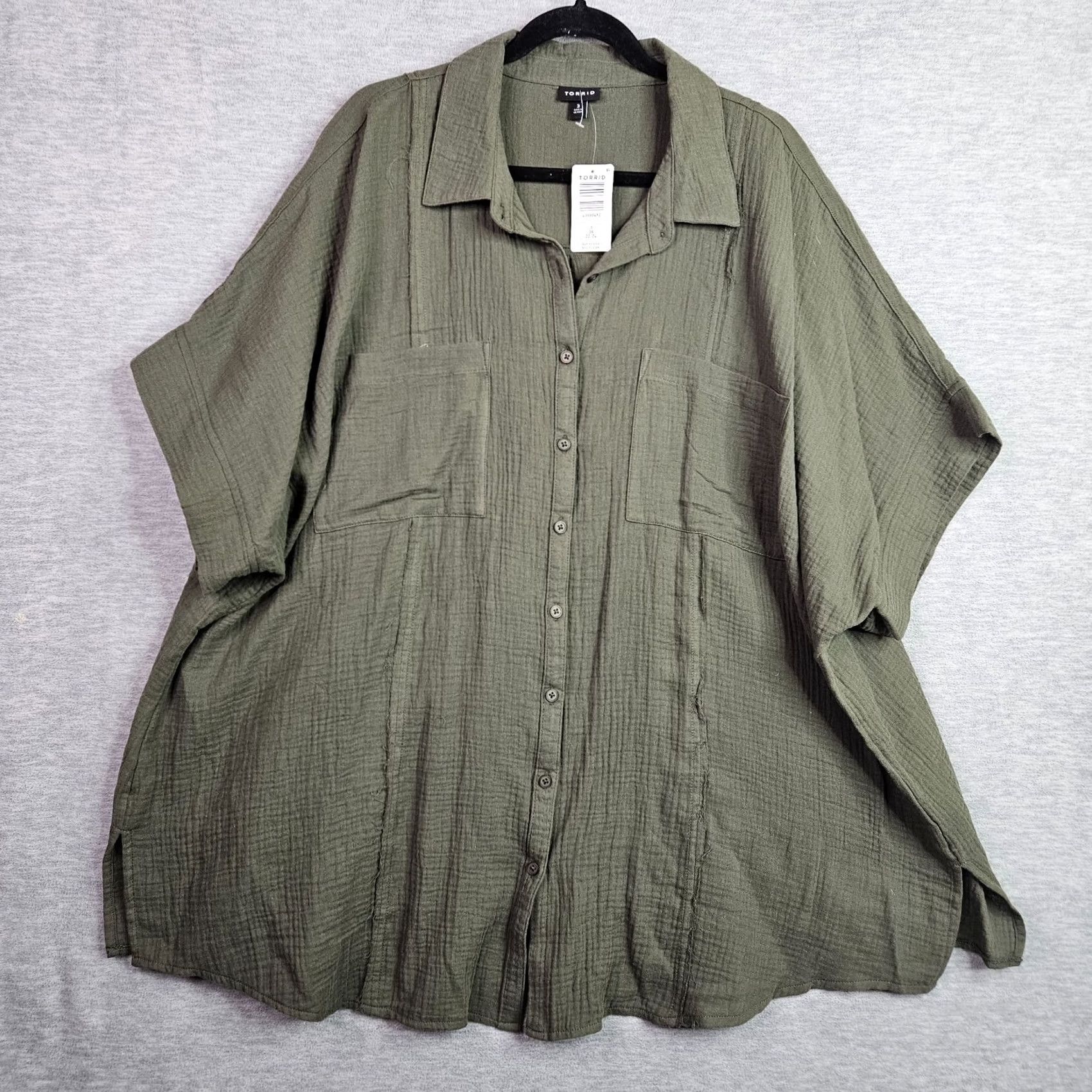 Torrid Torrid Plus Blouse Shirt Olive Green Button Cotton Blend V-Neck Short Sleeve 22W Womens Size 3XL / US 20-22 - 2 Thumbnail
