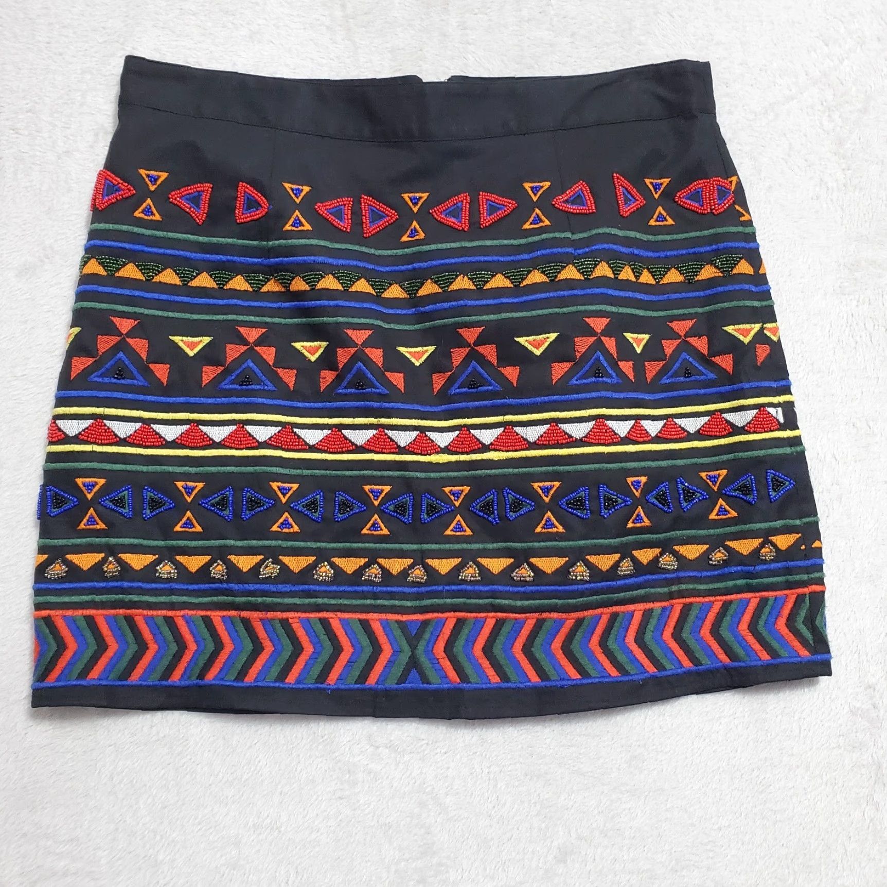 Sam Edelman Sam Edelman Skirt Women 12 Black Aztec Print Beaded Embroidered Cotton Mini Size 34" / US 12 / IT 48 - 2 Thumbnail