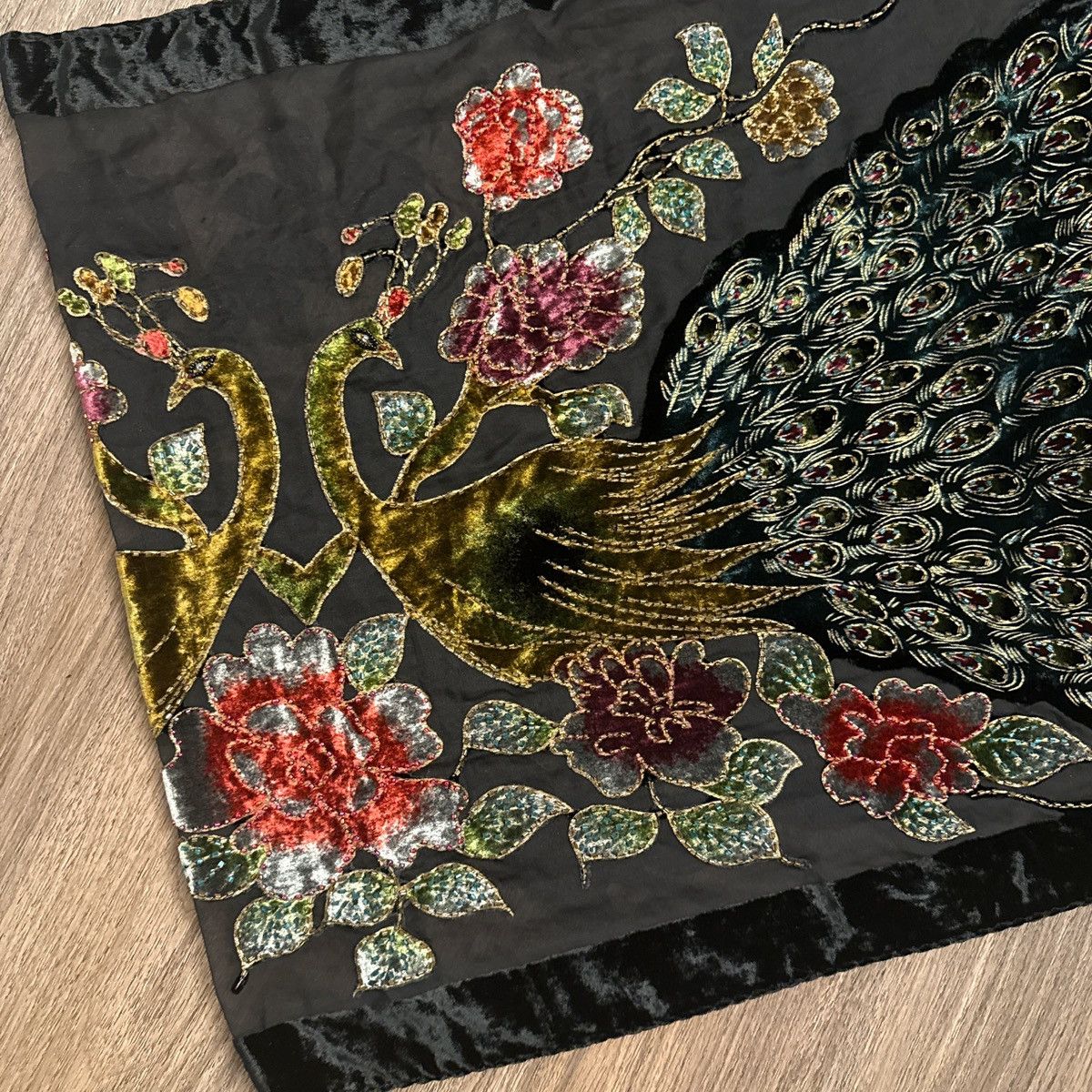 Vintage 100% silk, large fringe peacock, embroidered scarf Size ONE SIZE - 2 Thumbnail