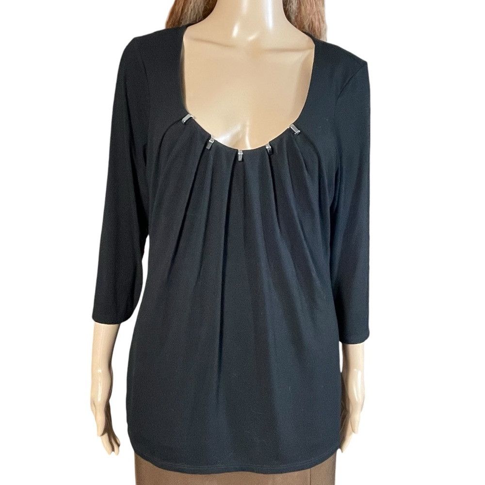 White House Black Market White House Black Market Black 3/4 Sleeve Pleated Front Blo Size L / US 10 / IT 46 - 2 Thumbnail