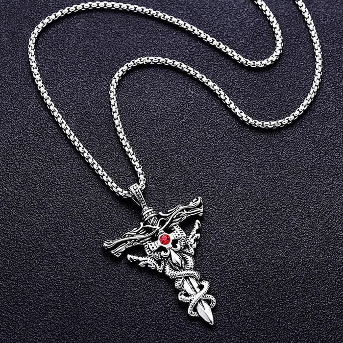 Streetwear Y2k Double Dragon Sword Titanium Steel Necklace | Grailed