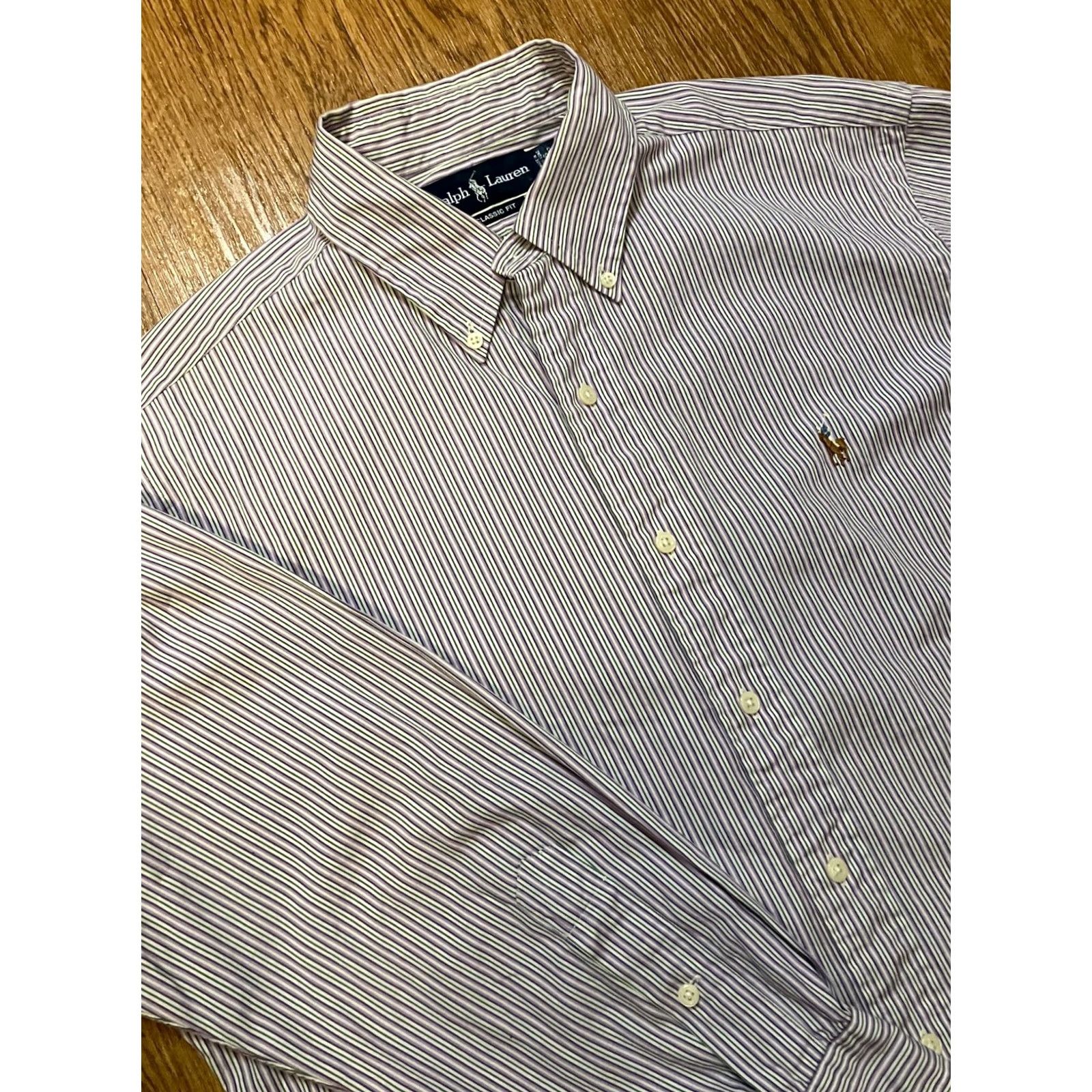 Polo Ralph Lauren VINTAGE Polo Ralph Lauren Dress Shirt Mens 16.5 Purple Stripe BD 32/33 Made in Hong Kong Cotton Size US XL / EU 56 / 4 - 2 Thumbnail