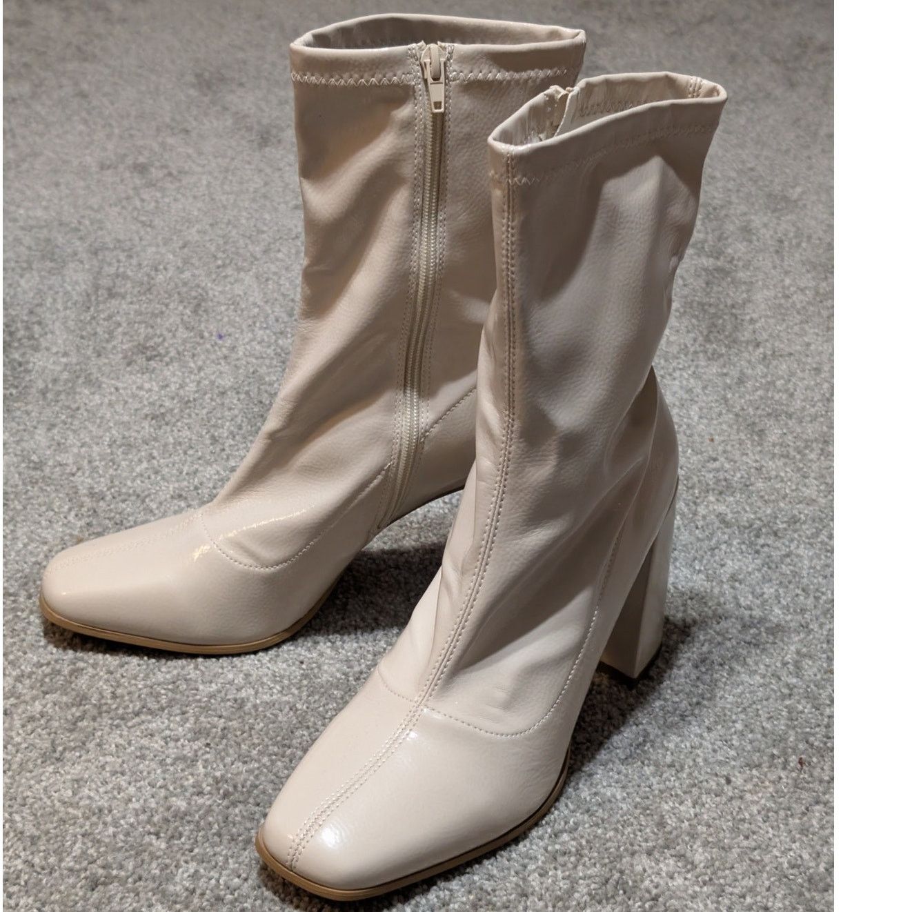 Other Cream Faux Leather Calf High Boots Square Toe, Block Heel Size US 10 / IT 40 - 5 Thumbnail