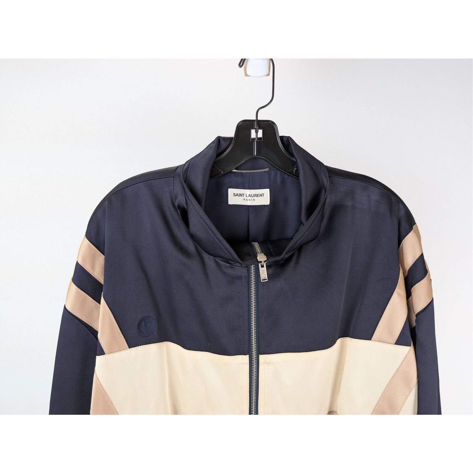 Saint Laurent Paris o1rshd1 Teddy Tricolore Satin Crepe Jacket in Beige Size US L / EU 52-54 / 3 - 3 Thumbnail