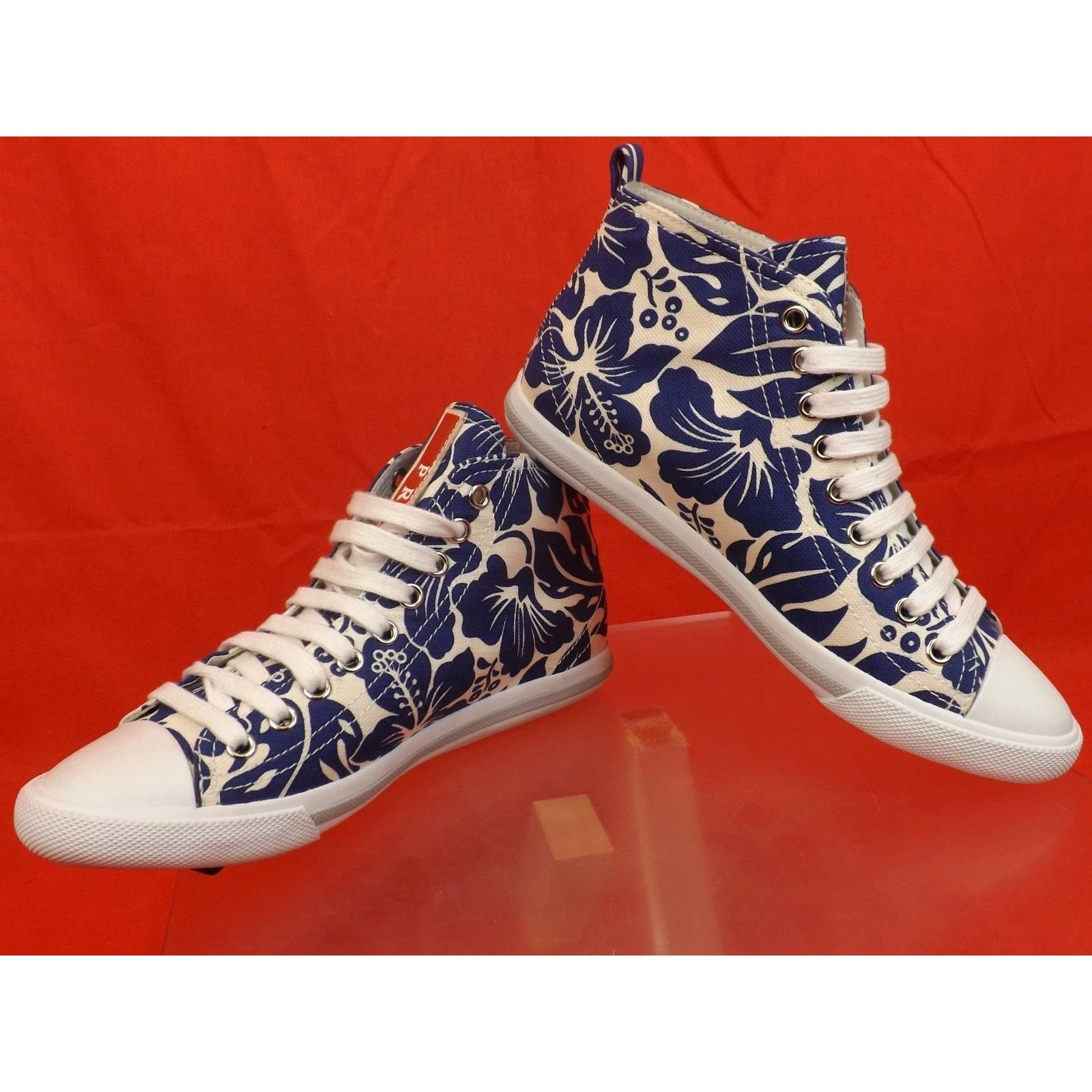 Prada PRADA 3T573 BLUE FLORAL DENIM LEATHER HIGH TOP SNEAKERS 35.5 Size US 5.5 / IT 35.5 - 5 Thumbnail