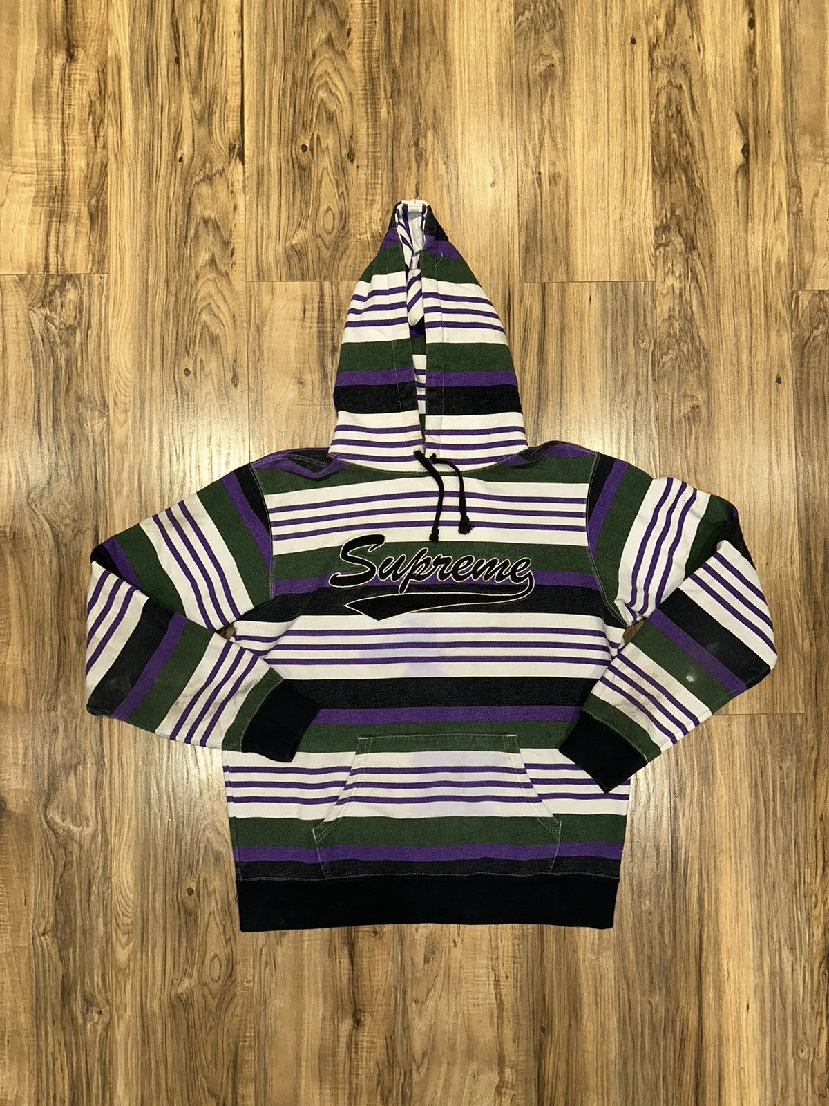 image of Ss18 Supreme Striped Hooded Sweatshirt in White, Men's (Size Medium)