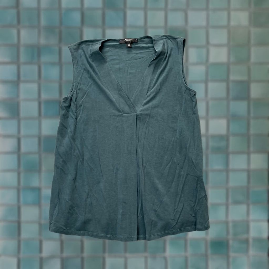 Max Mara Max Mara Weekend Top Womens M Green Blouse V-Neck Sleeveless Cotton Spandex Pleated Casual Workwear Shirt Size M / US 6-8 / IT 42-44 - 1 Thumbnail