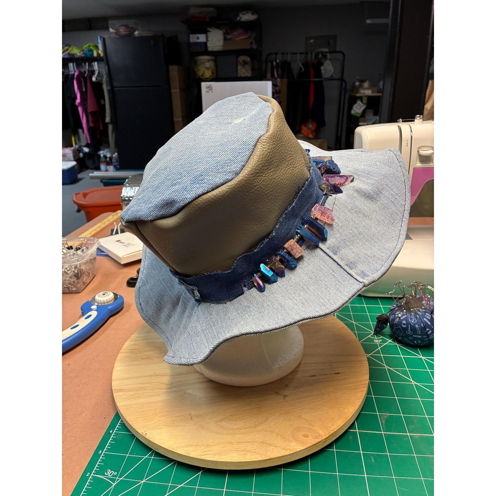 Other The Witch Queen — Upcycled Denim & Leather Hat, Raw Crystal Size ONE SIZE - 9 Thumbnail