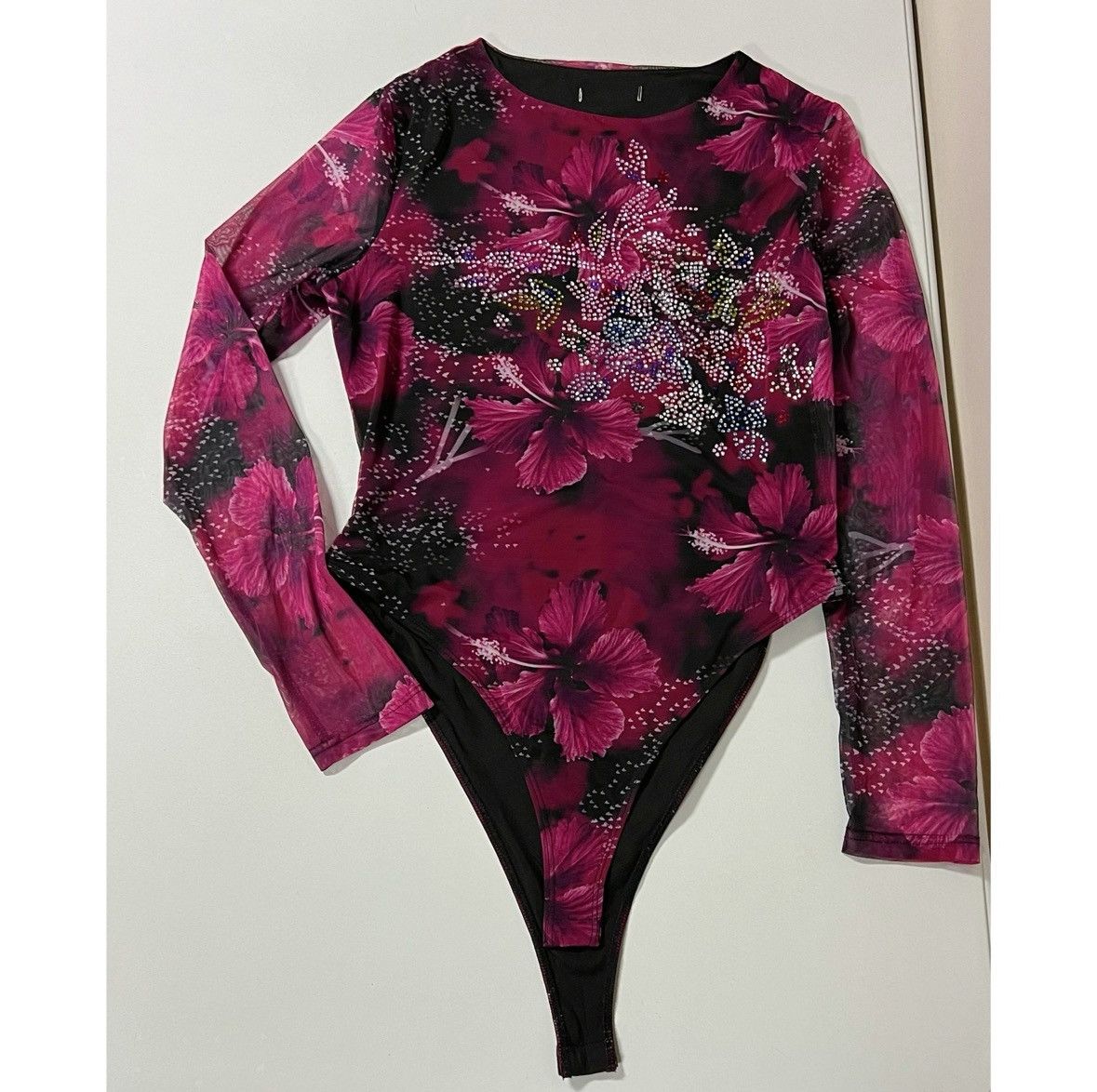 Vintage Pink Hibiscus Floral Long Sleeve Shirt Top Bodysuit Size L 🌺 Size L / US 10 / IT 46 - 1 Thumbnail