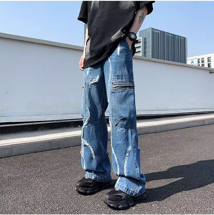 image of Retro Casual Washed Ruffled Denim Jeans in Blue, Men's (Size 32)