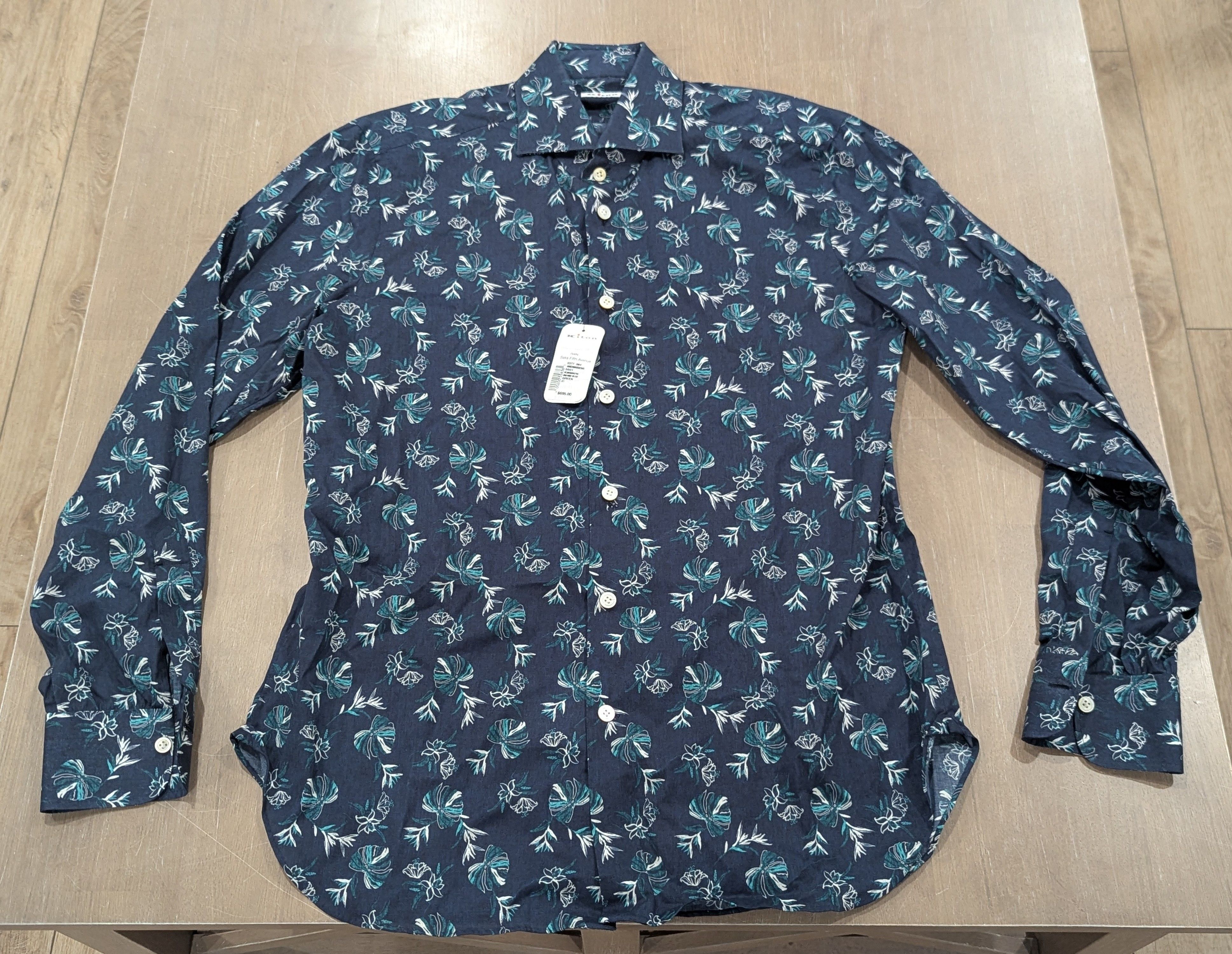 KITON Floral Cotton LS Button Up Shirt Blue 41 US 16