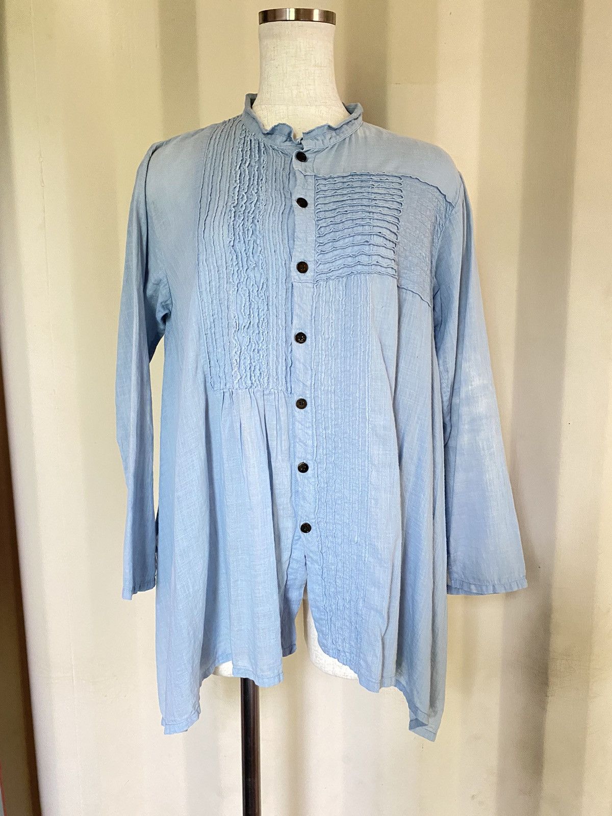 Issey Miyake Plantation Light Blue Pintuck Mandarin Collar Shirt Size ONE SIZE - 1 Thumbnail