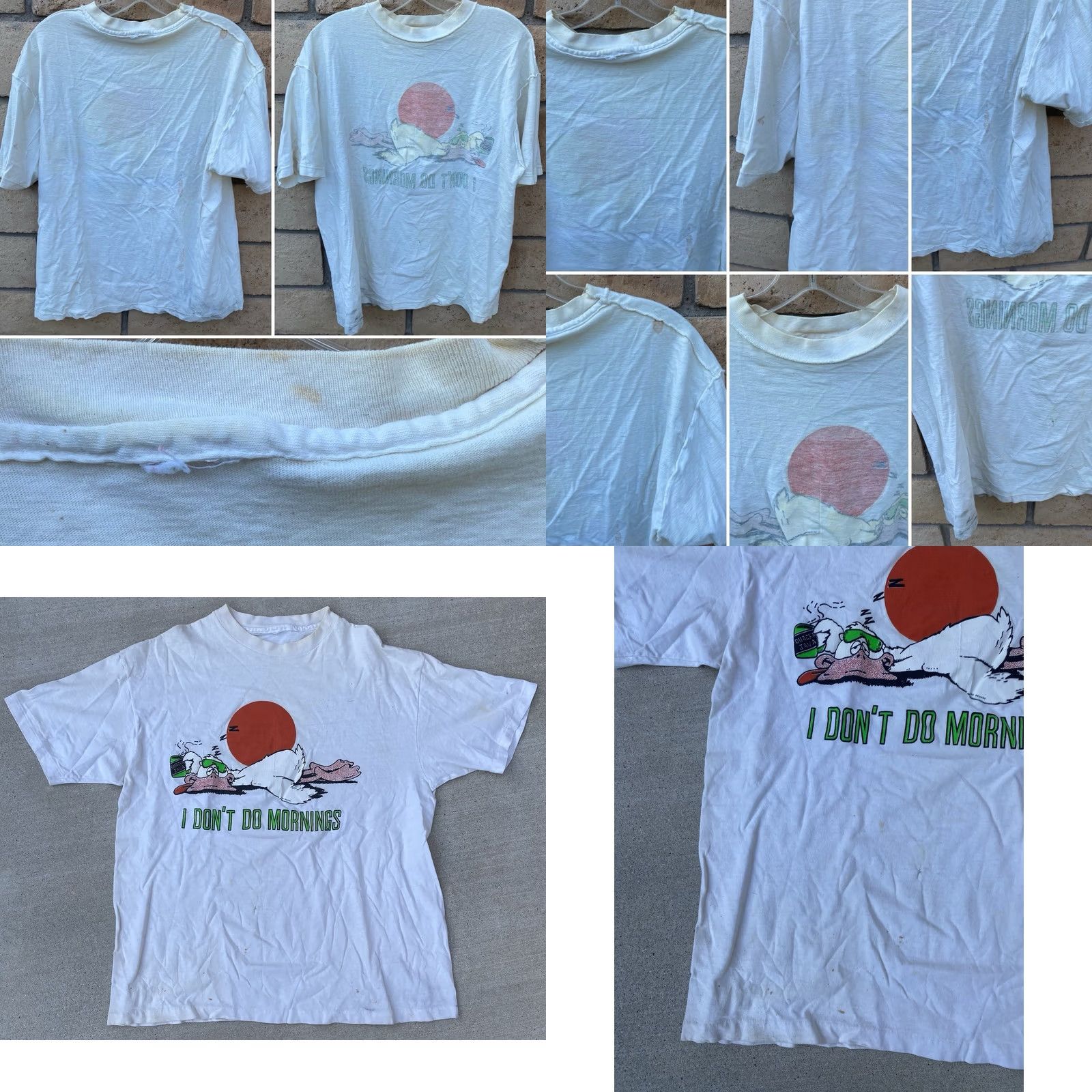 Vintage Vintage I Dont Do Mornings Quacks Java T Shirt XL White Bird Single Stitch Distressed Stained Holes Mens Shirt Size US XL / EU 56 / 4 - 9 Thumbnail